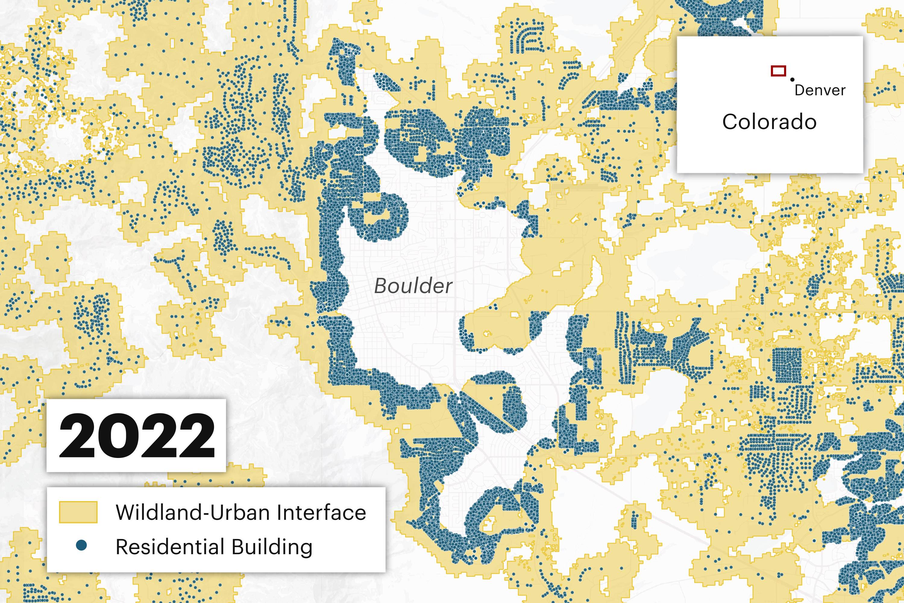 The location of each dot was determined by the geographic centroid of the parcel containing it. In rural areas, the dots may not reflect the exact location of the building. The WUI boundaries are from the 2017 Colorado Wildfire Risk Assessment, which are the most recent boundaries contained in the Colorado Forest Atlas. Data Source: Boulder County Assessor's Office. (Graphic by Lucas Waldron/ProPublica)