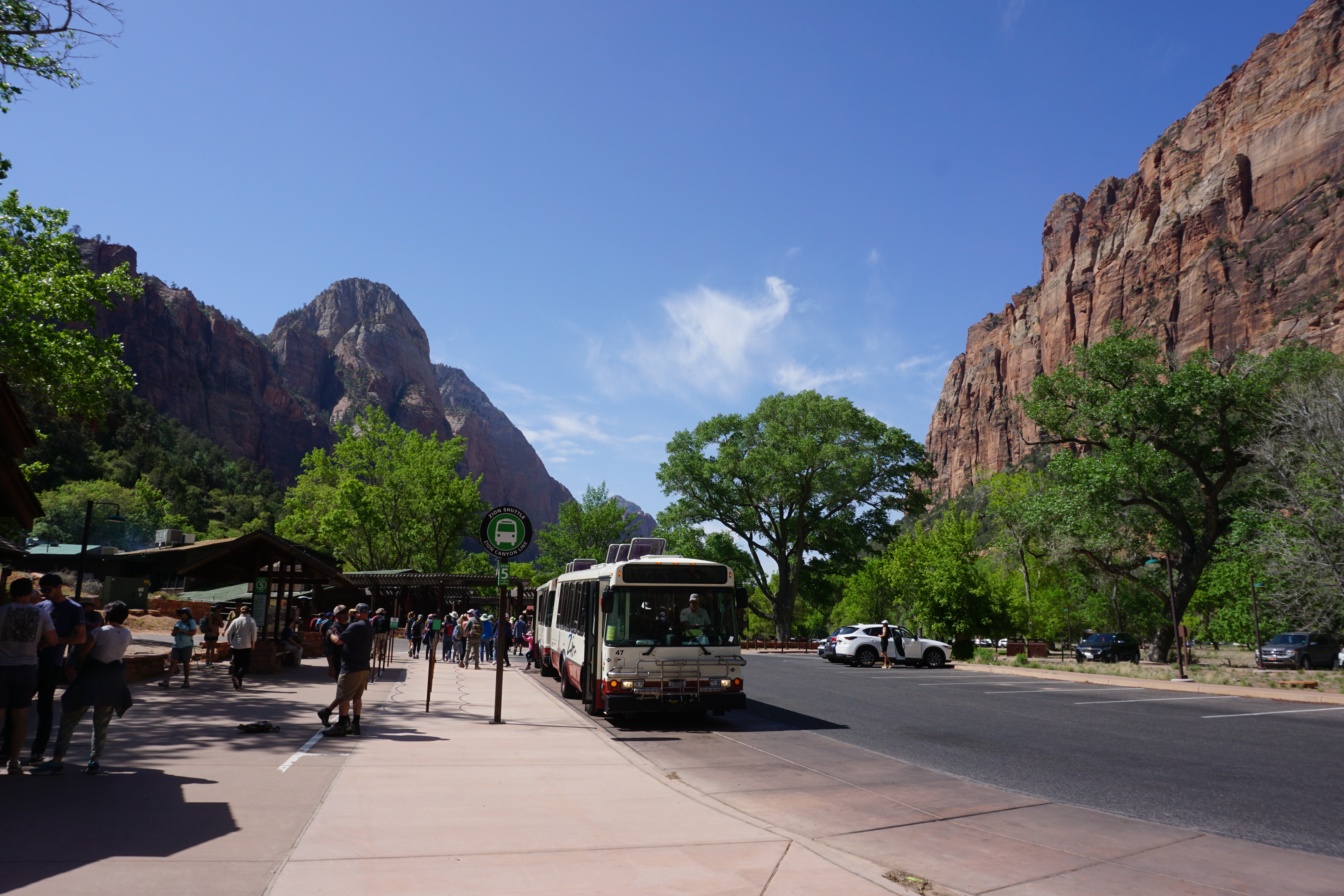A shuttle bus stop inside Zion National Park on May 10, 2023. (Photo by Sarah Kuta/Special to The Denver Post)