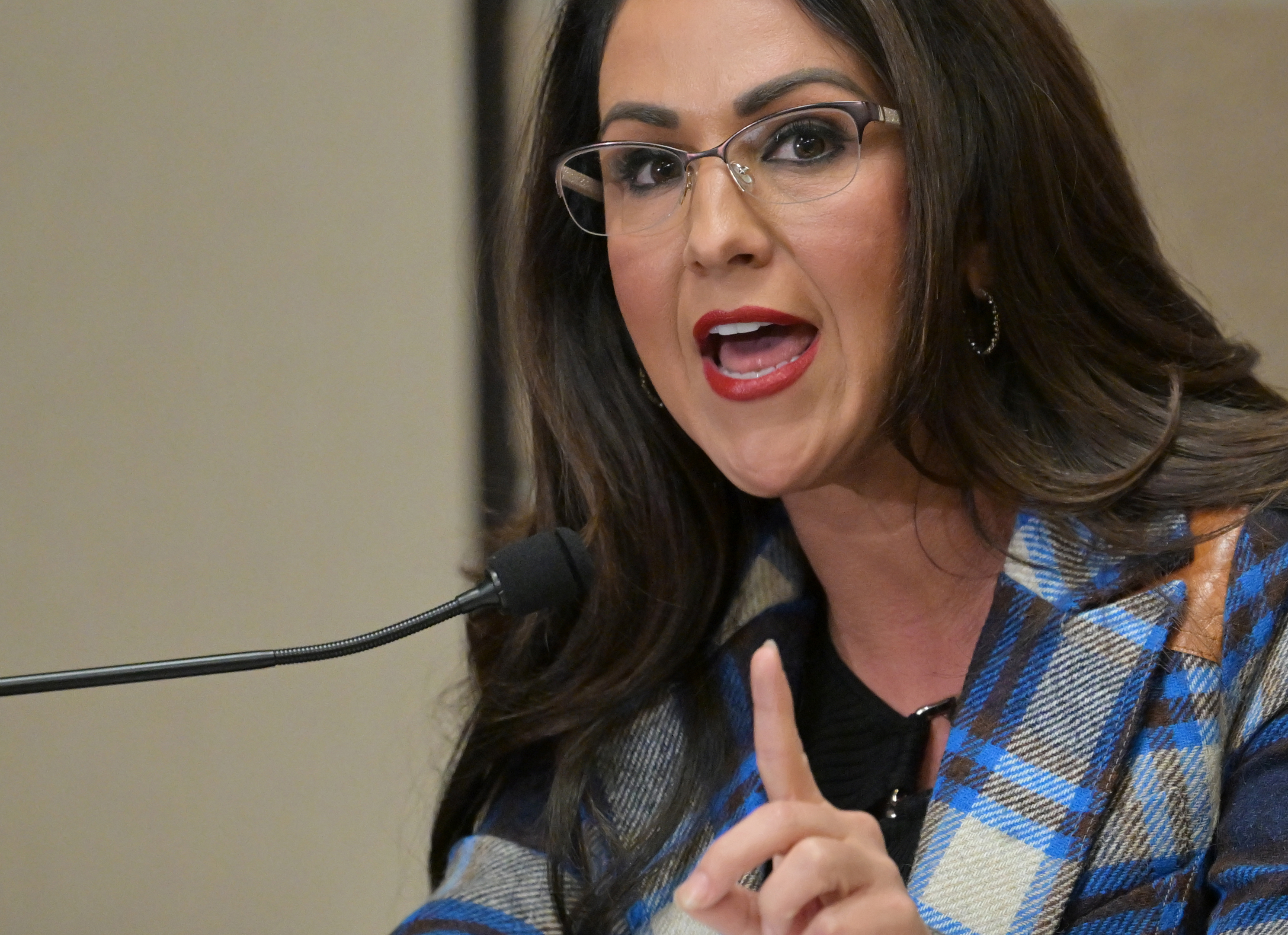 U.S. Rep. Lauren Boebert answers a question during a debate for GOP candidates running in the 4th Congressional Districts at the Fort Lupton Recreation Center in Fort Lupton, Colorado on Jan. 25, 2024.