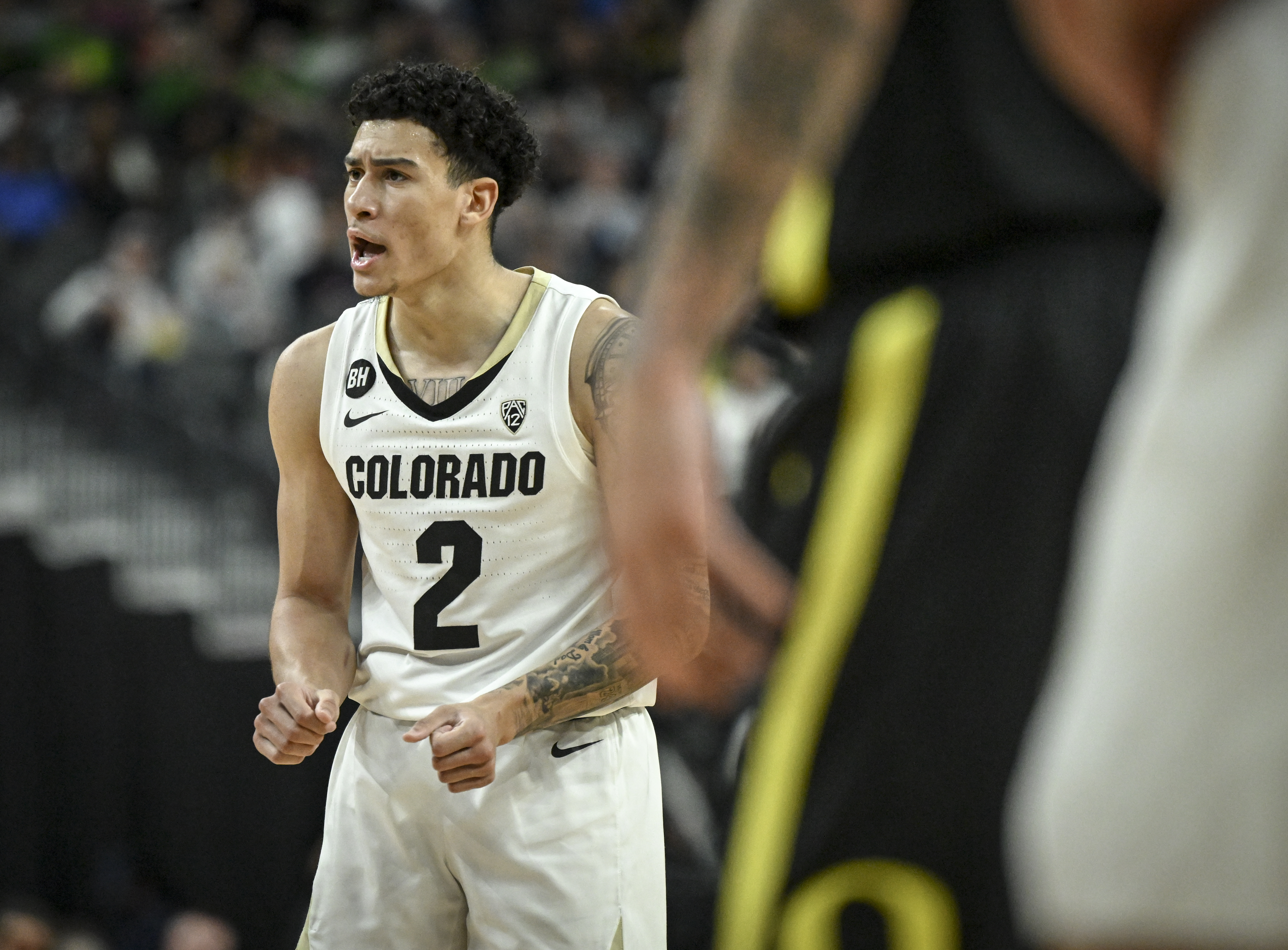 KJ Simpson (2) of the Colorado Buffaloes speaks with teammates during the second half of the Oregon Ducks' 75-68 Pac-12 Tournament championship game win at T-Mobile Arena in Las Vegas, Nevada on Saturday, March 16, 2024. (Photo by AAron Ontiveroz/The Denver Post)