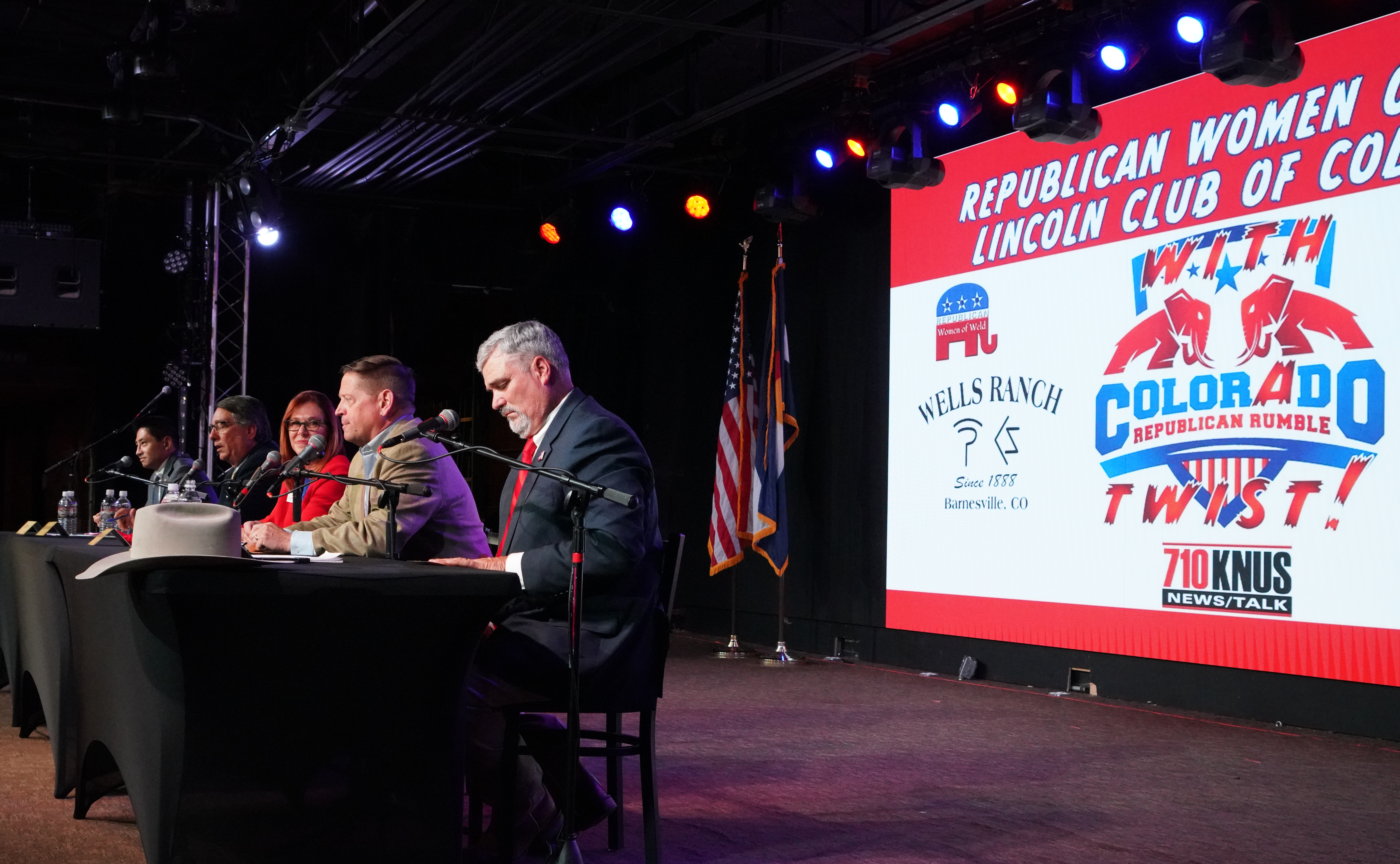 Republican primary candidates for the 4th Congressional District, including, from right, state Rep. Richard Holtorf, state Rep. Mike Lynch and Deborah Flora, appear on stage for a debate at The Grizzly Rose in Denver on Saturday, June 1, 2024. (Photo by Zachary Spindler-Krage/The Denver Post)