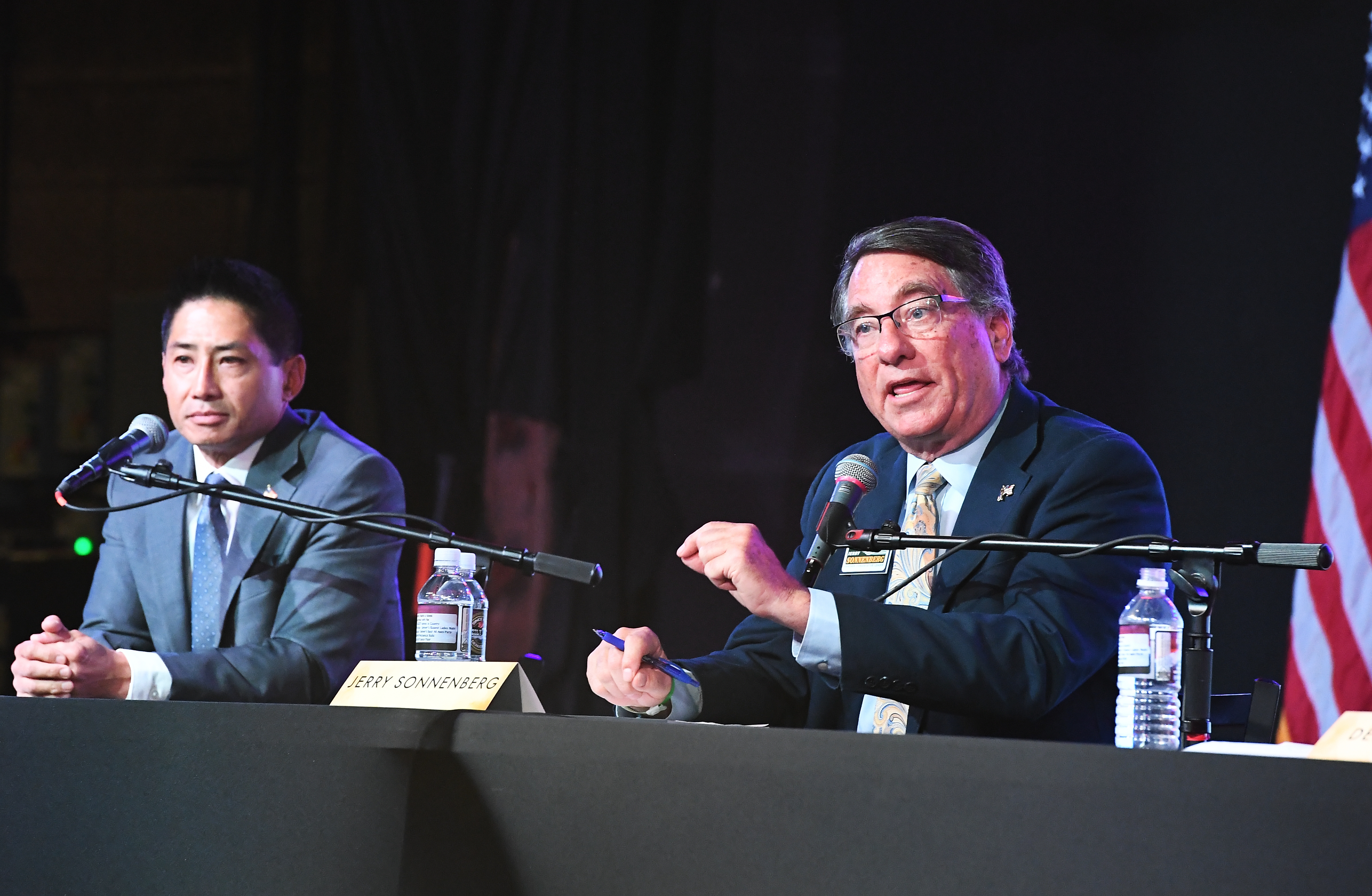 Jerry Sonnenberg, right, a candidate in the 4th Congressional District Republican primary, answers a question during a debate at The Grizzly Rose in Denver on Saturday, June 1, 2024. (Photo by Zachary Spindler-Krage/The Denver Post)