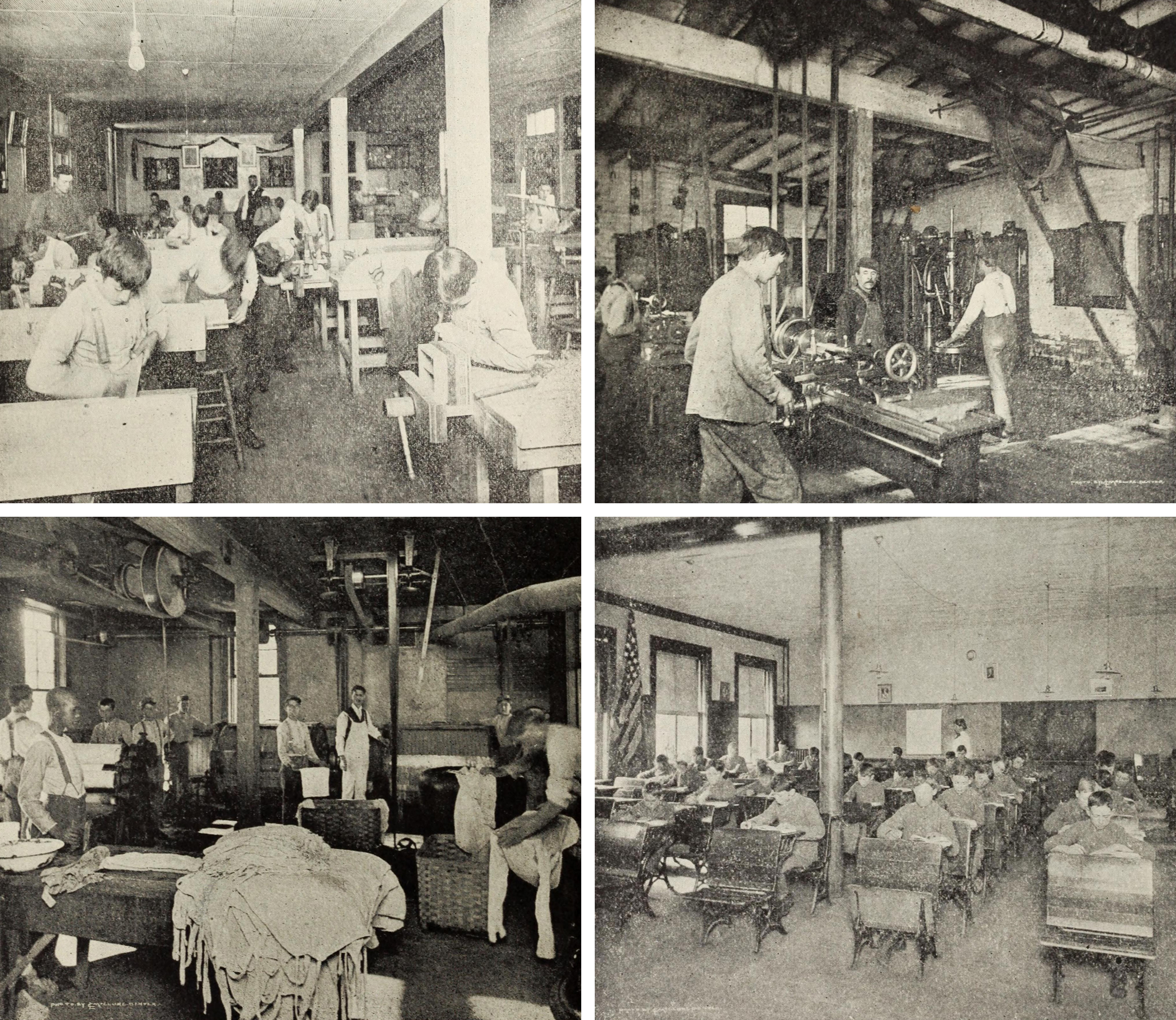 Woodworkers in the manual training department, top left, The machine shop, top right, the laundry facility, bottom left, and the seventh grade school room, bottom right, at the Colorado State Industrial School for Boys in Golden, Colorado. (Colorado State Industrial School Thirteenth Biennial Report, 1905-06)