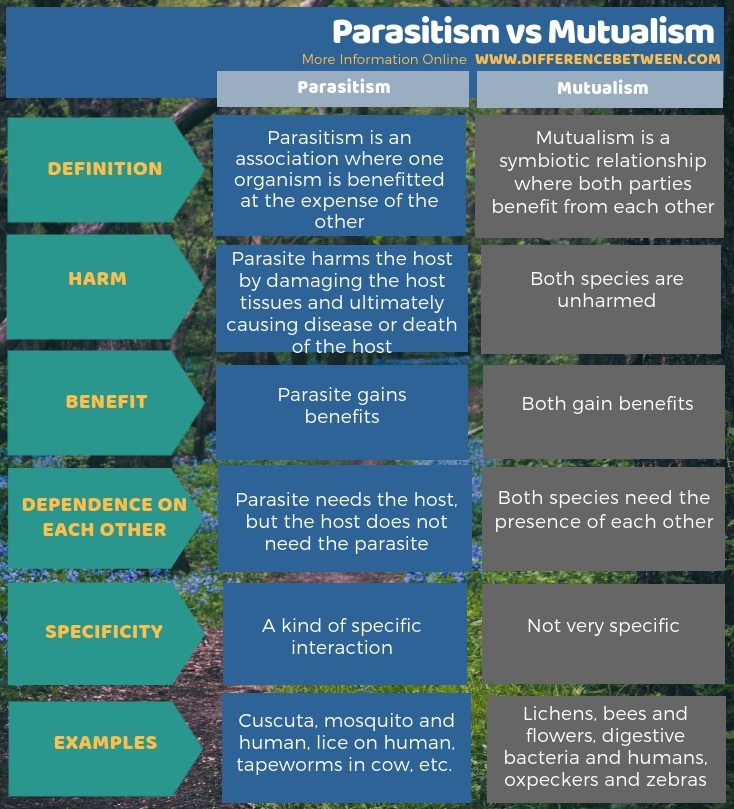 Difference Between Parasitism and Mutualism - Tabular Form