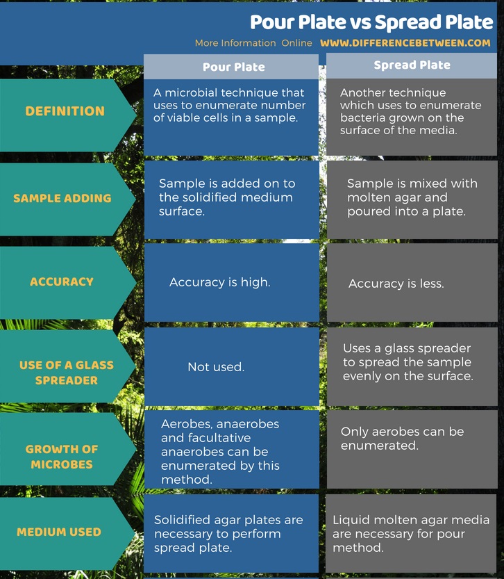 Difference Between Pour Plate and Spread Plate in Tabular Form