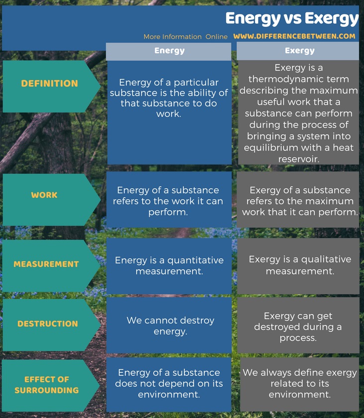 Difference Between Energy and Exergy in Tabular Form