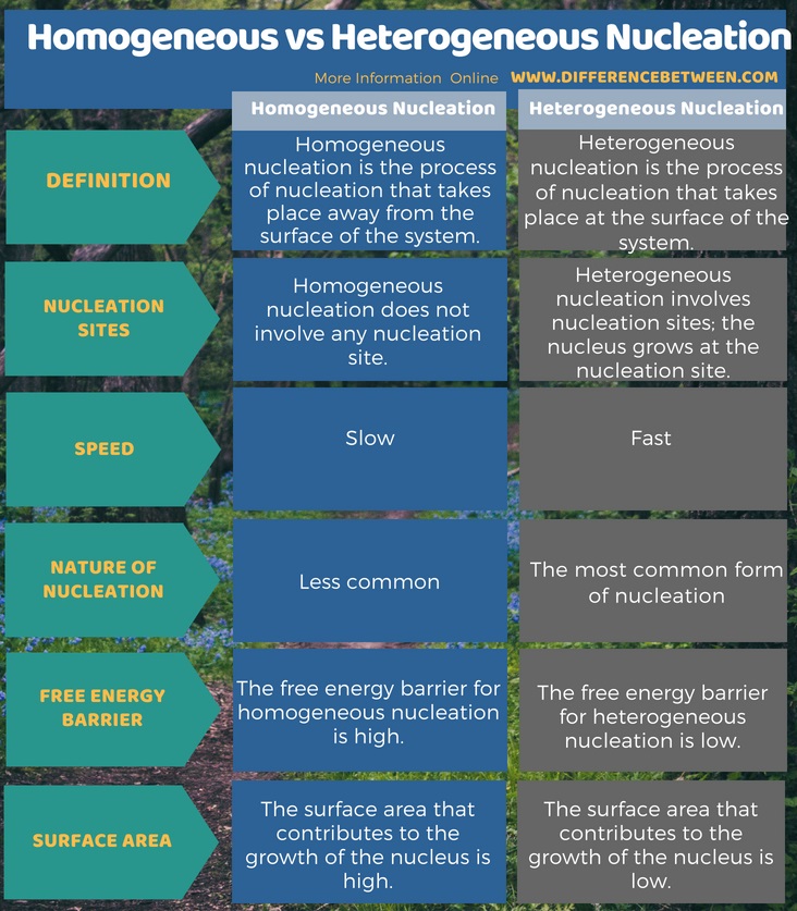 Difference Between Homogeneous and Heterogeneous Nucleation in Tabular Form