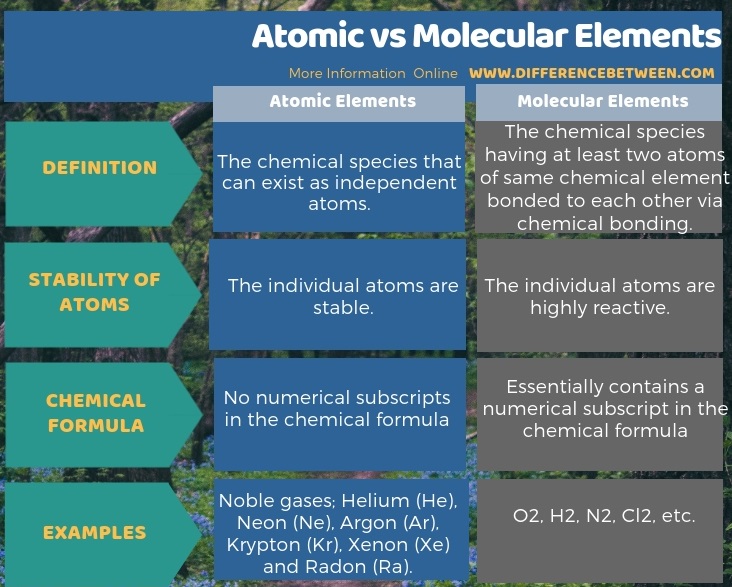 Difference Between Atomic and Molecular Elements in Tabular Form