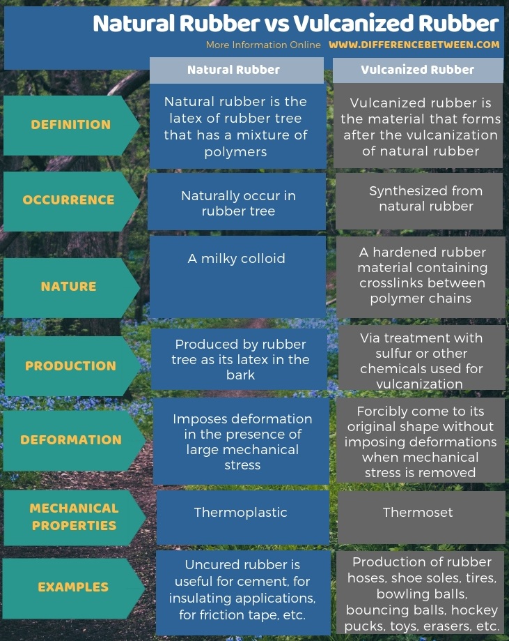 Difference Between Natural Rubber and Vulcanized Rubber in Tabular Form