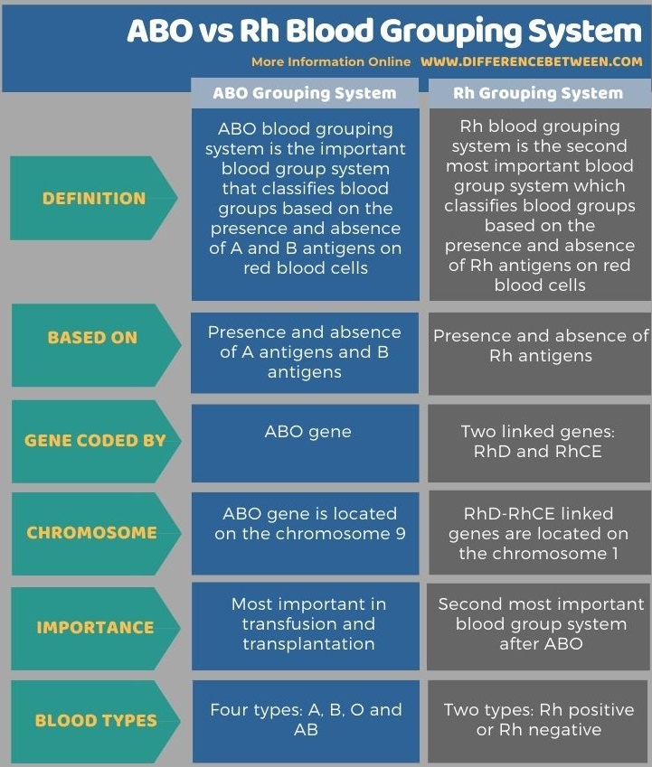 Difference Between ABO and Rh Blood Grouping System in Tabular Form