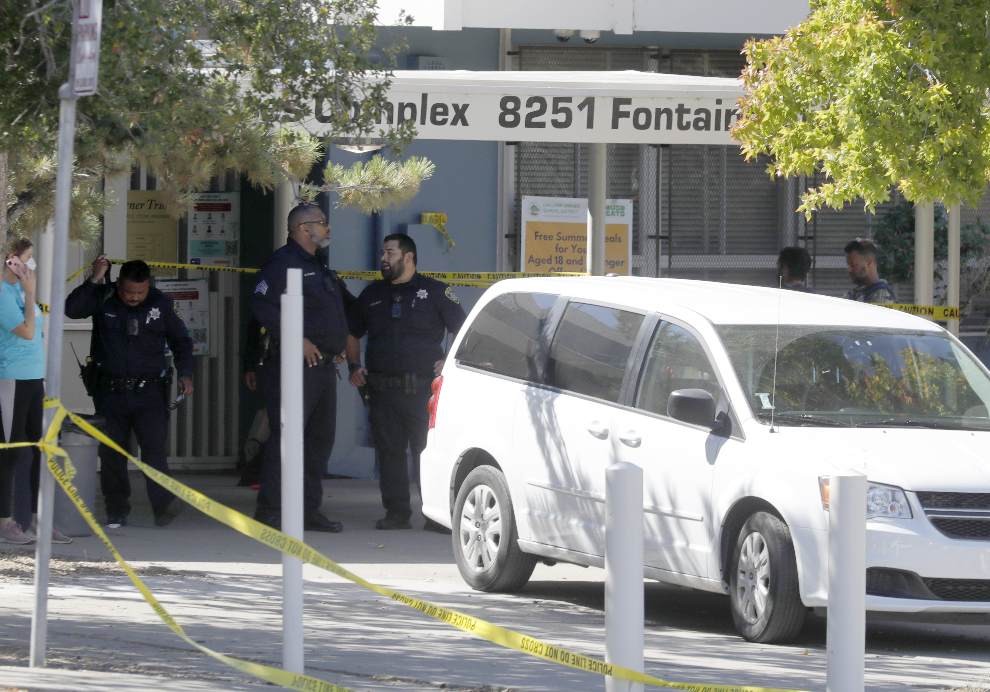 OAKLAND, CALIFORNIA - SEPTEMBER 28: Law enforcement officers from several agencies respond after at least six adults were shot at the Bay Area Technology School complex in East Oakland, Calif., on Wednesday, Sept. 28, 2022. (Jane Tyska/Bay Area News Group)