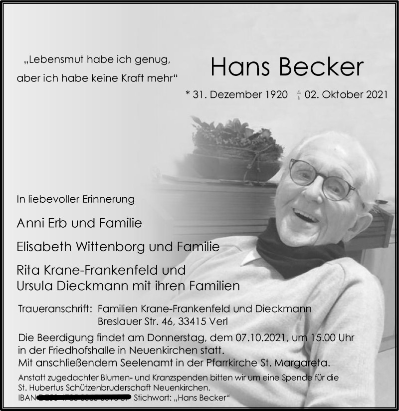 Trauer Um Hans Becker Spendenaufruf Fur Die Schutzenbruderschaft St Hubertus Schutzenbruderschaft