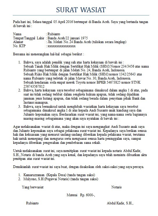 15 Contoh Surat Wasiat Harta Malaysia Kumpulan Contoh Surat