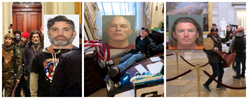 Three photos of known white supremacist leaders at the January 6 Attack on the Capitol. Their mug shots are overlaid the three photos next each person.