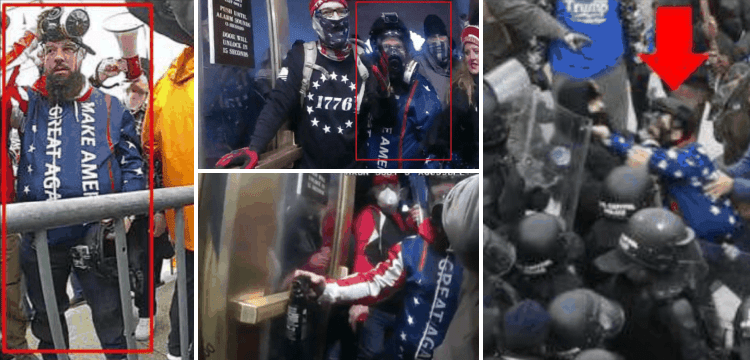 IMAGES (L to R): Quaglin is seen among numerous rioters were at the police line around the Capitol, with fences separating the crowd and the officer; Quaglin sprays a chemical irritant at MPD and USCP officers trying to stop the rioters from entering the Capitol; a red arrow points to Quaglin, who physically pushes and wrestles with a USCP officer. (via Affidavit)