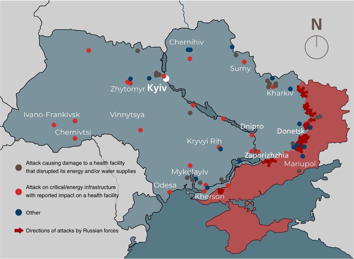 Map of attacks with reported impact on health facilities' energy and water supplies, Feb. 24, 2022 – Feb. 21, 2024