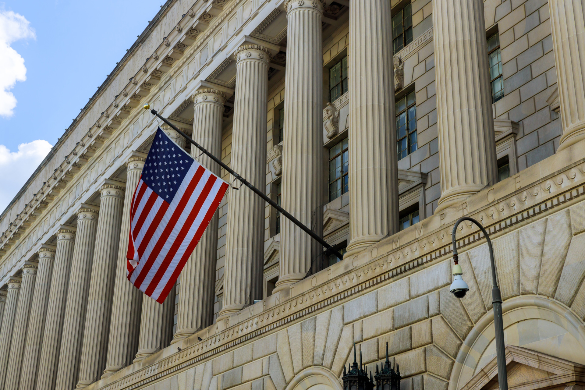 Building in Washington, DC with an American flag