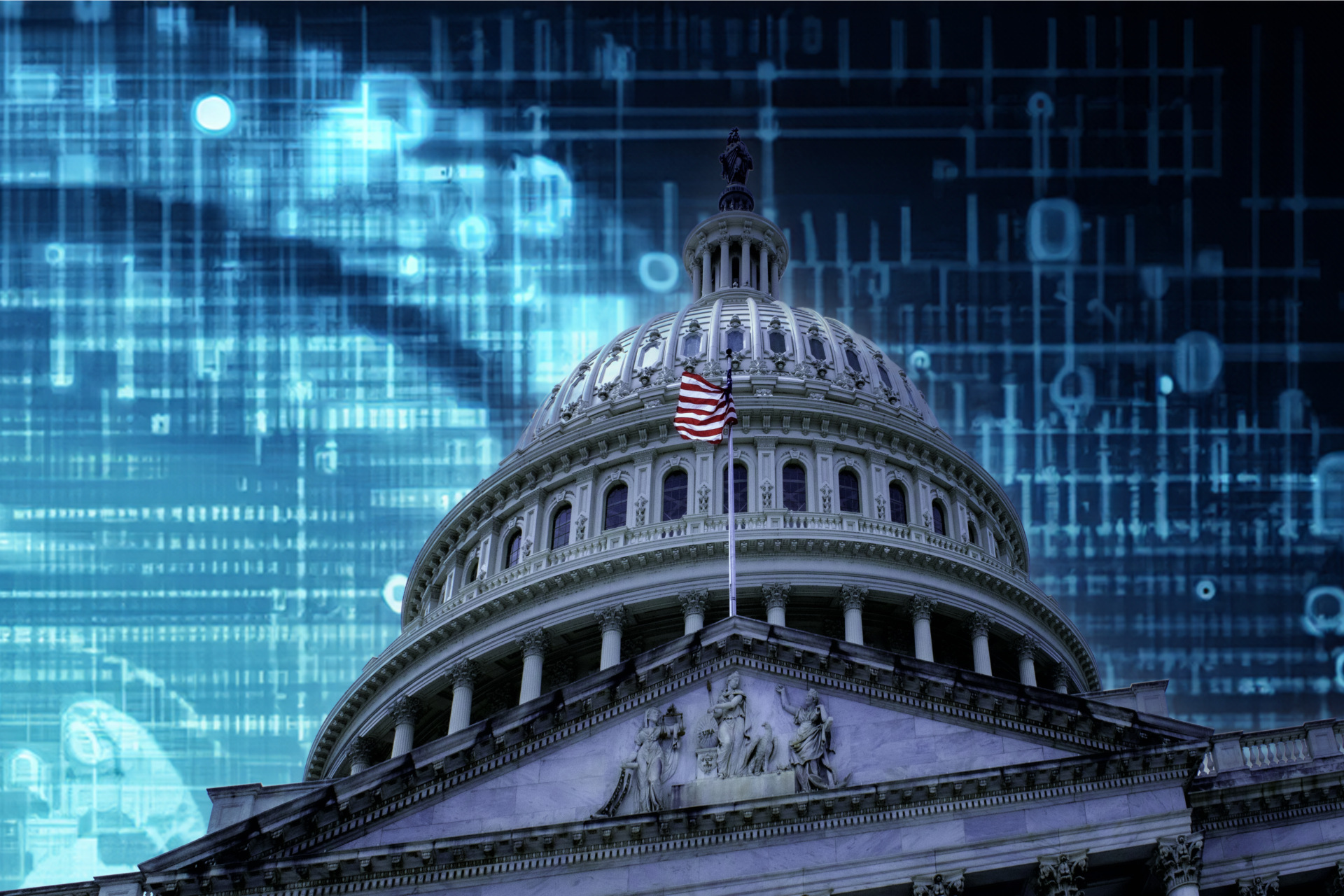 The United States Capital with a backdrop of a digital canvas