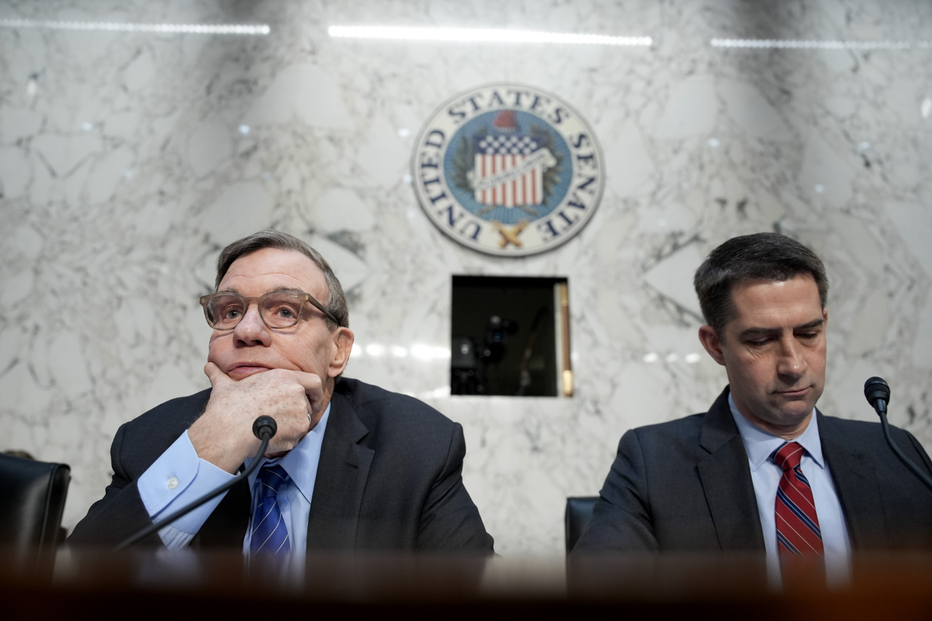 (L-R) Sen. Mark Warner (D-VA) seated next to Sen. Tom Cotton (R-AR) address National Security Agency Director General Timothy Haugh, FBI Director Kash Patel, Director of National Intelligence Tulsi Gabbard, Central Intelligence Agency Director John Ratcliffe, and Defense Intelligence Agency Director Jeffrey Kruse as they appear during a Senate Committee on Intelligence Hearing on March 25, 2025 in Washington, DC. (Photo by Andrew Harnik/Getty Images)