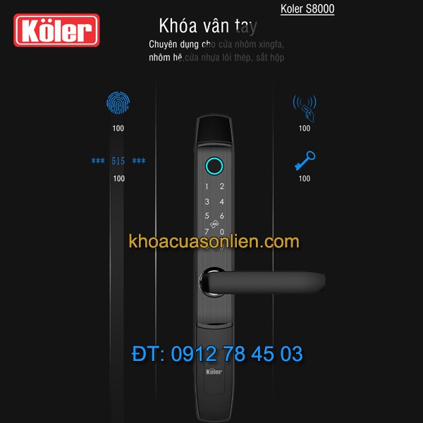 Nơi bán Khóa cửa vân tay Koler S8000 cho cửa nhôm, nhựa lõi thép, sắt hộp, cửa gỗ đố nhỏ giá rẻ tại Hà Nội