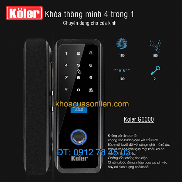 Nơi bán Khóa thông minh vân tay chuyên dùng cho cửa kính 4 in 1 Koler G6000 giá rẻ tại Hà Nội