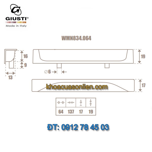 Nơi bán Mẫu tay nắm tủ âm hiện đại WMN834.064 64mm của Giusti nhập khẩu chính hãng Italy tại Hà Nội