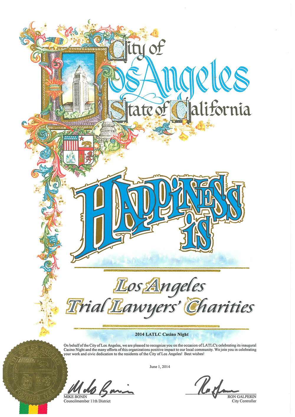 City Of Los Angeles City Controller City Council Certificate Of Appreciation Latlc