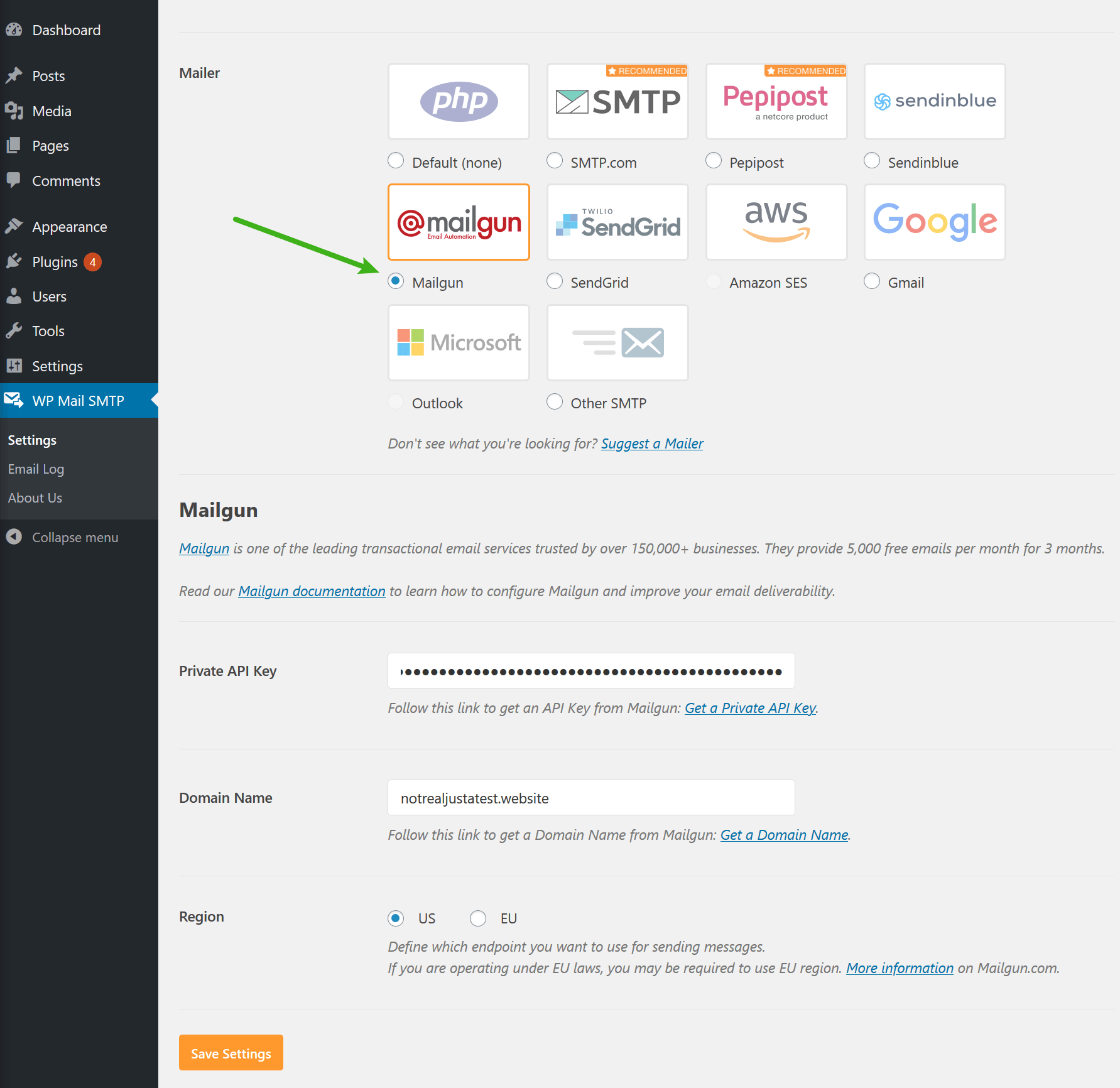 WordPress Mailgun API key added