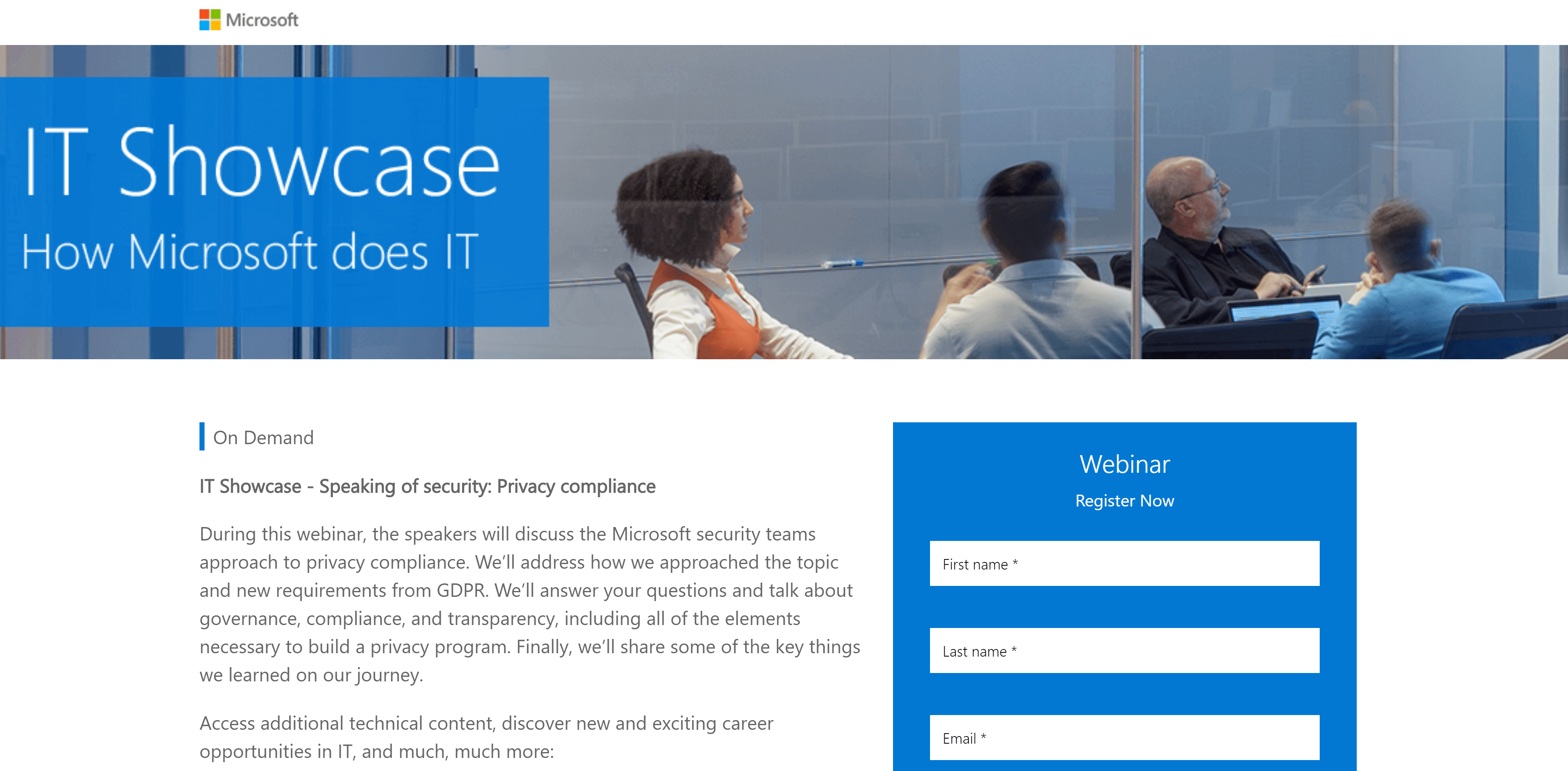 Microsoft webinar landing page