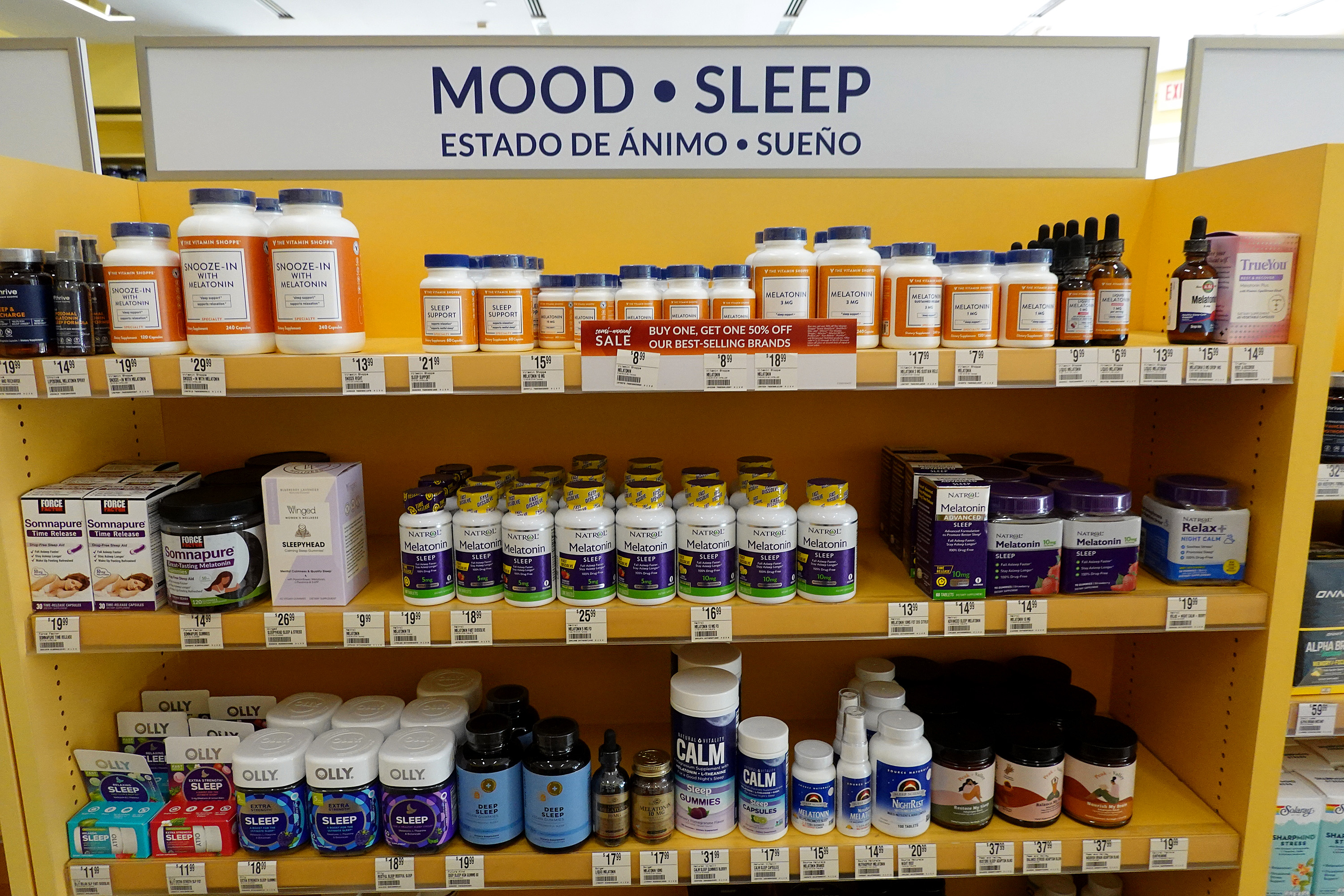 MIAMI, FLORIDA - APRIL 26: Sleep aids, some of which are melatonin gummies, are displayed for sale in a store on April 26, 2023 in Miami, Florida. According to a recent study, melatonin gummies may have different doses than the packaging says, making them potentially dangerous for people taking them as a sleeping aid. (Photo by Joe Raedle/Getty Images)