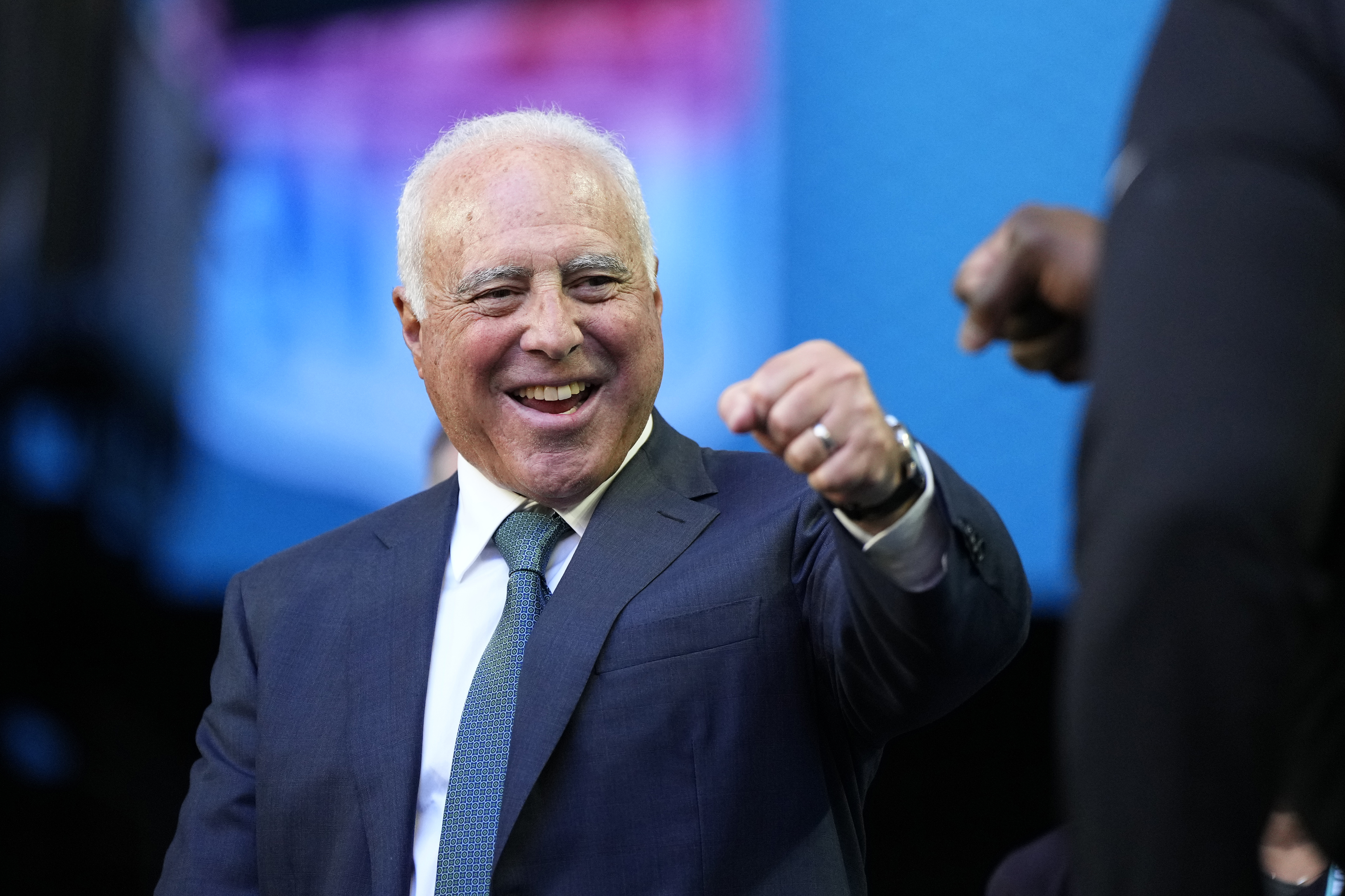 Philadelphia Eagles owner Jeffrey Lurie arrives before the NFL Super Bowl 57 football game between the Kansas City Chiefs and the Philadelphia Eagles, Sunday, Feb. 12, 2023, in Glendale, Ariz. (AP Photo/Matt Slocum)