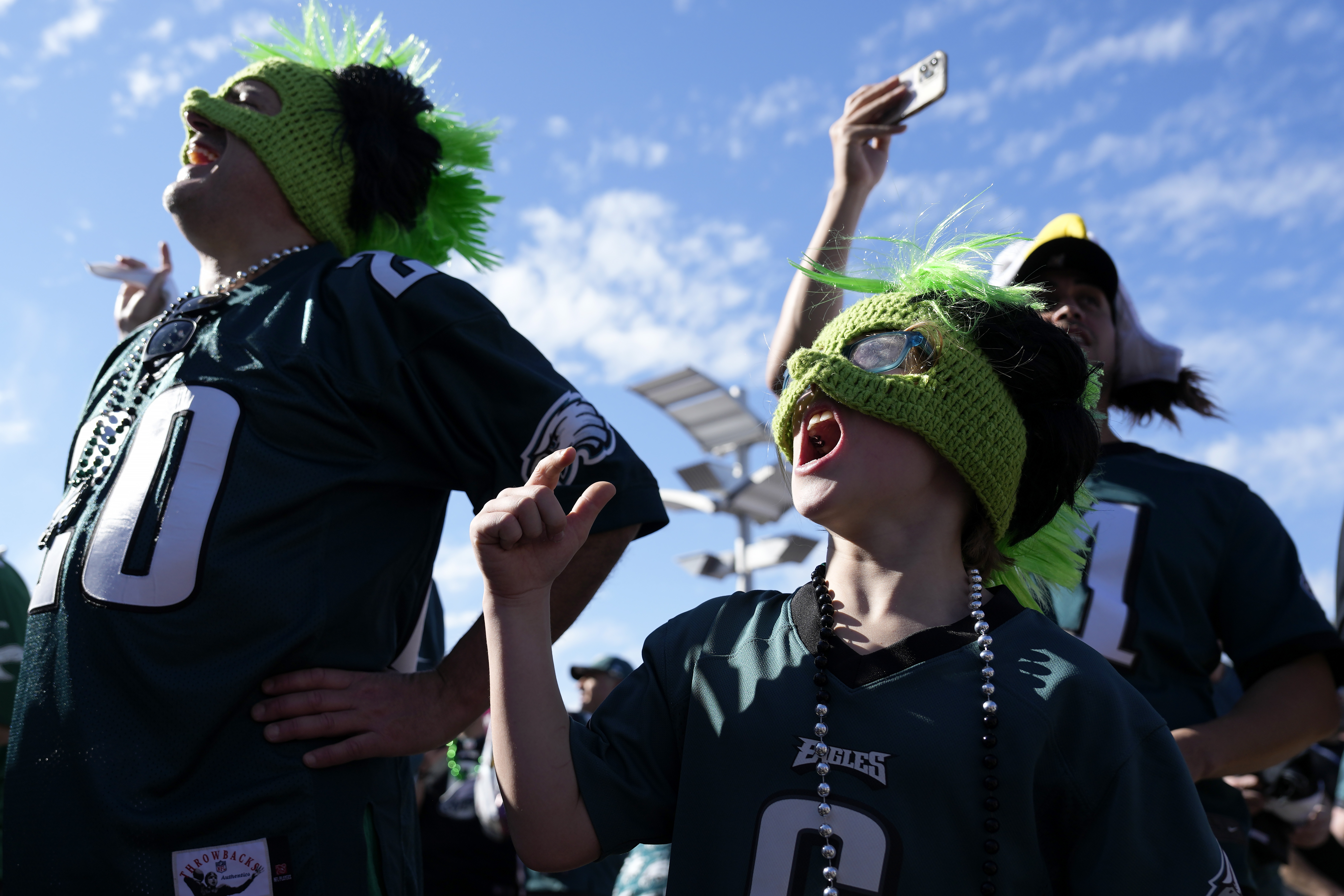 Philadelphia Eagles fans cheer before the NFL Super Bowl 57 football game between the Kansas City Chiefs and the Philadelphia Eagles, Sunday, Feb. 12, 2023, in Glendale, Ariz. (AP Photo/Seth Wenig)