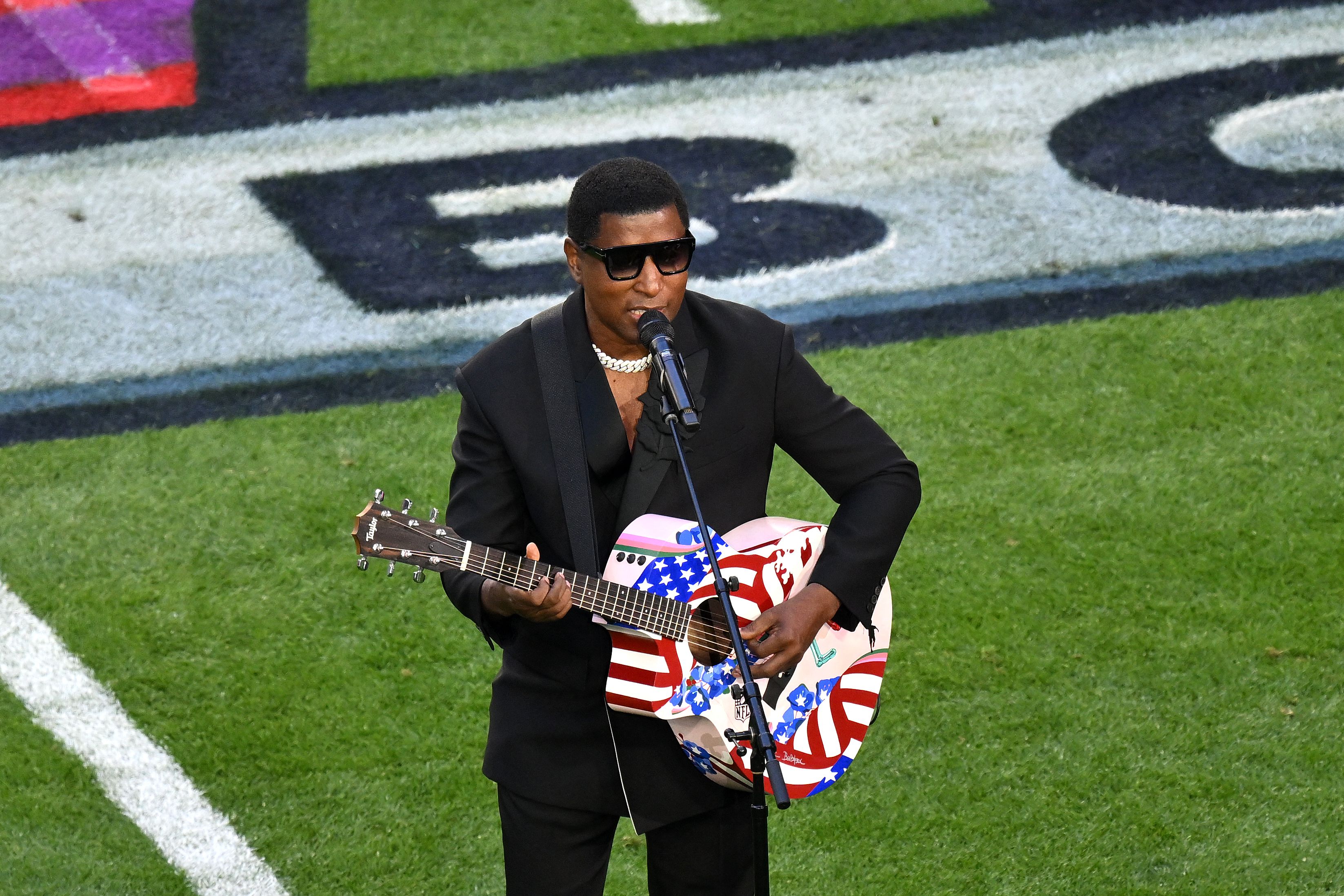 US singer Kenneth "Babyface" Edmonds performs "America The Beautiful" ahead of Super Bowl LVII between the Kansas City Chiefs and the Philadelphia Eagles at State Farm Stadium in Glendale, Arizona, on February 12, 2023. (Photo by ANGELA WEISS / AFP) (Photo by ANGELA WEISS/AFP via Getty Images) ** OUTS - ELSENT, FPG, CM - OUTS * NM, PH, VA if sourced by CT, LA or MoD **