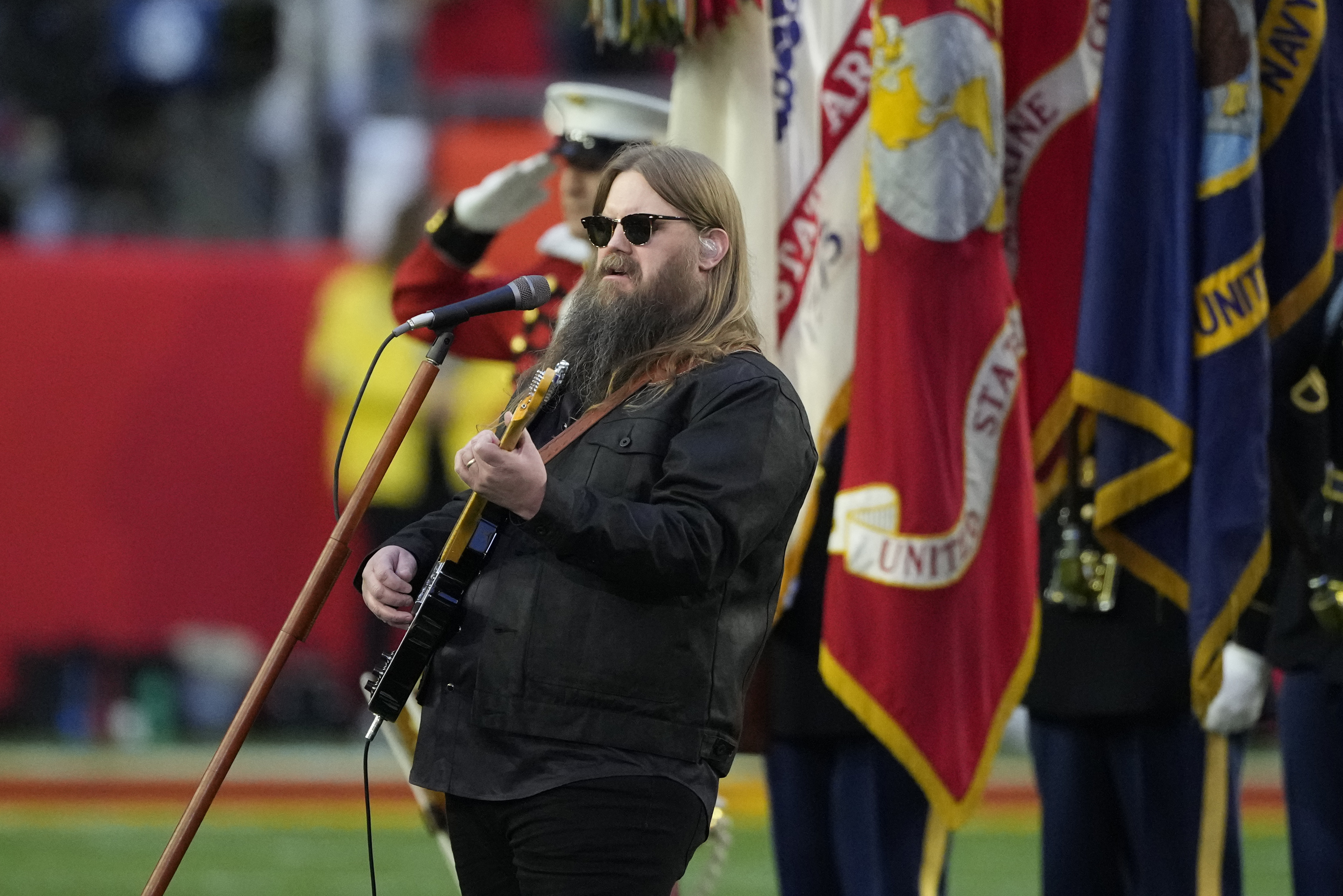 Chris Stapleton sings the national anthem before the NFL Super Bowl 57 football game between the Kansas City Chiefs and the Philadelphia Eagles, Sunday, Feb. 12, 2023, in Glendale, Ariz. (Godofredo A. Vasquez/AP)