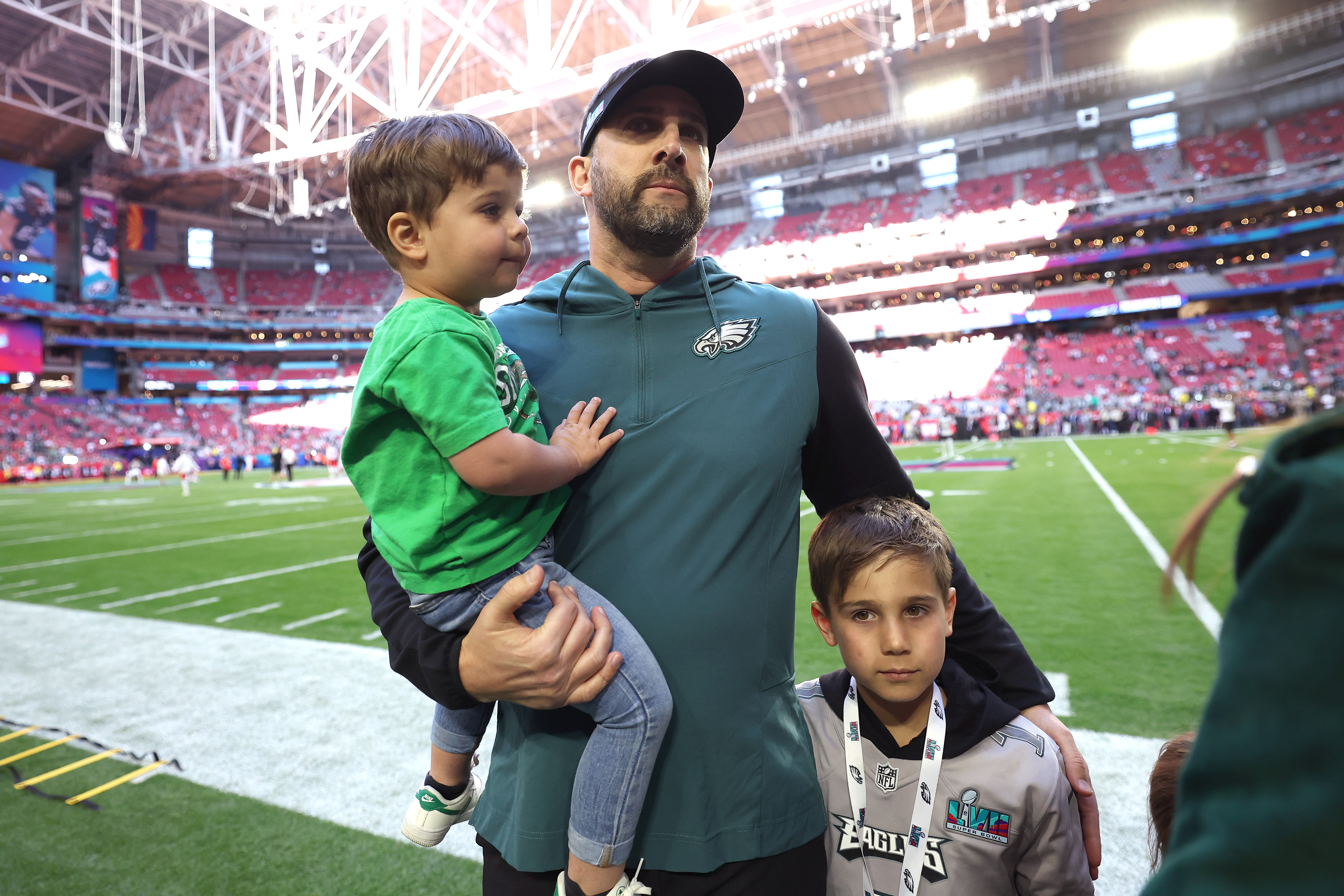 GLENDALE, ARIZONA - FEBRUARY 12: Nick Sirianni of the Philadelphia Eagles greets his family before playing against the Kansas City Chiefs in Super Bowl LVII at State Farm Stadium on February 12, 2023 in Glendale, Arizona. (Photo by Gregory Shamus/Getty Images) ** OUTS - ELSENT, FPG, CM - OUTS * NM, PH, VA if sourced by CT, LA or MoD **