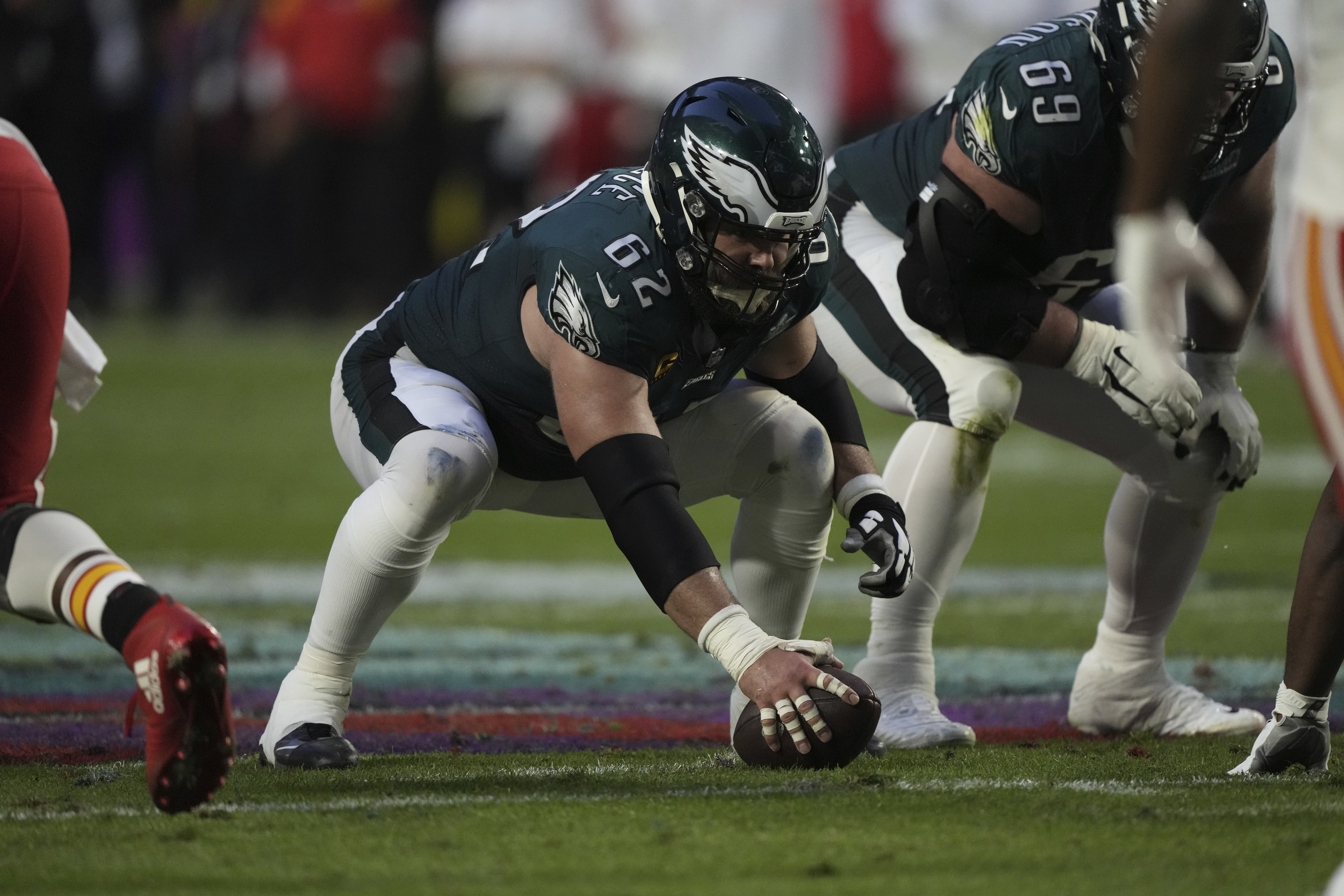 Philadelphia Eagles center Jason Kelce (62) gets ready to snap the ball during the NFL Super Bowl 57 football game, Sunday, Feb. 12, 2023, in Glendale, Ariz. (AP Photo/Doug Benc)