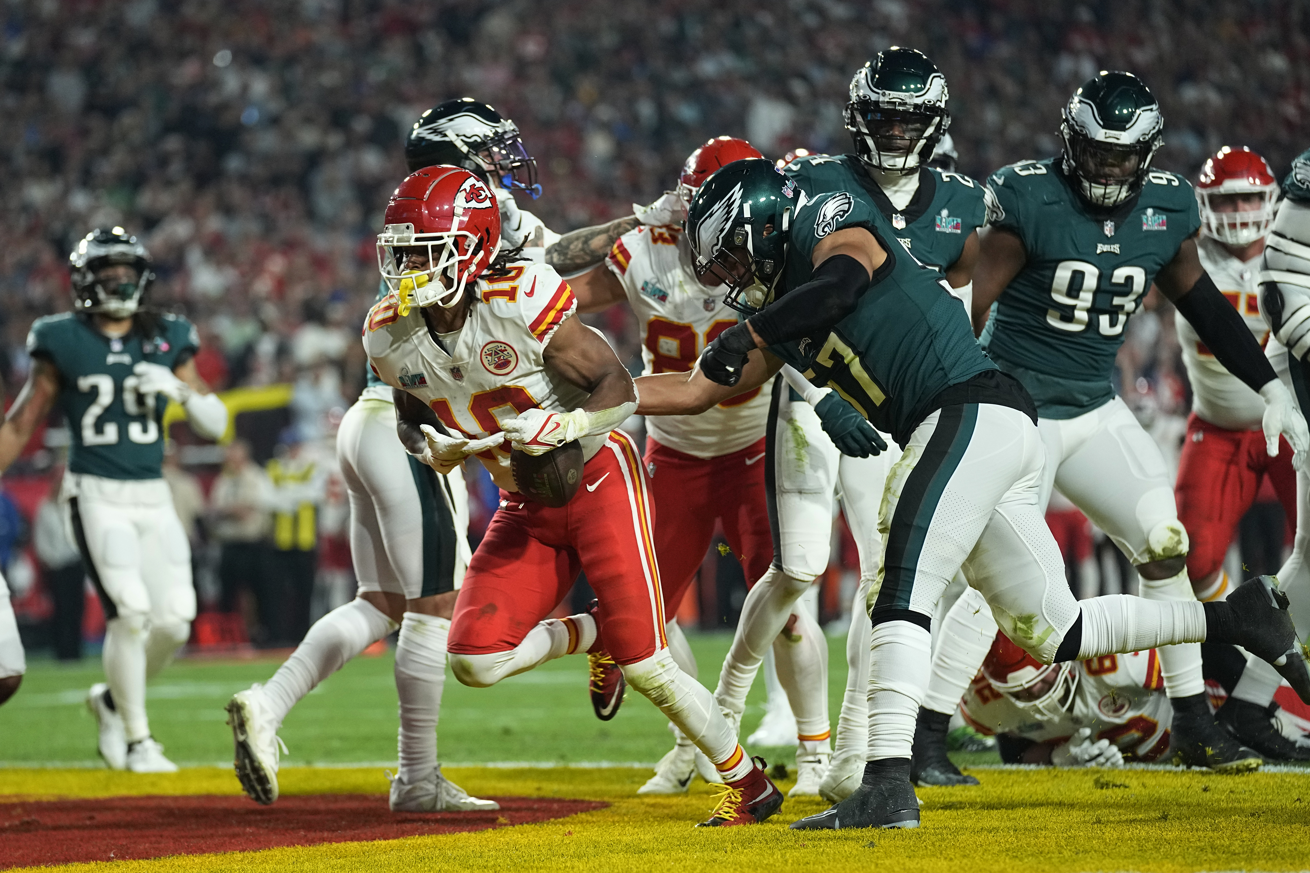 Kansas City Chiefs running back Isiah Pacheco scores a touchdown against the Philadelphia Eagles during the second half of the Super Bowl on Sunday in Glendale, Arizona. (AP Photo/Abbie Parr)