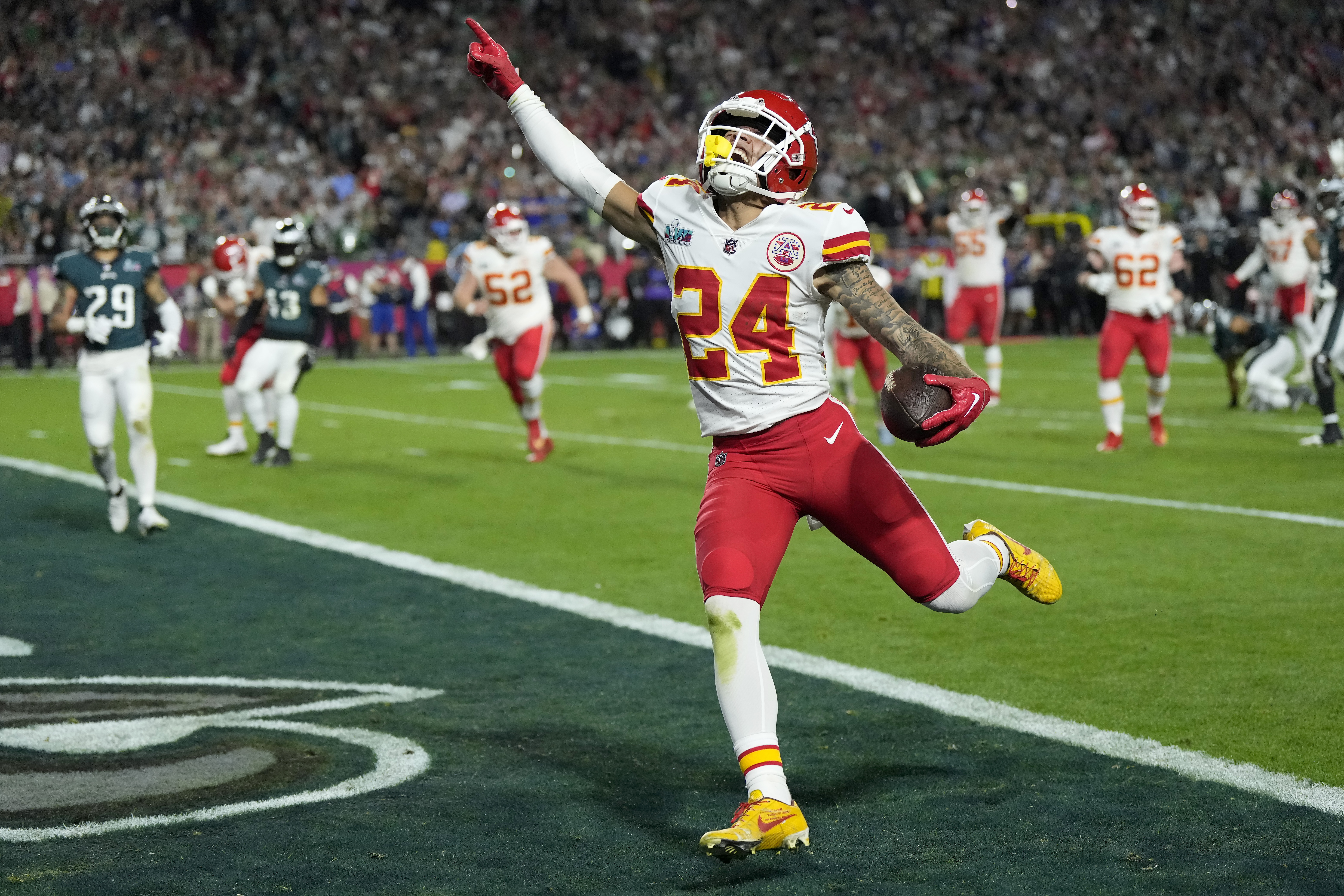 Kansas City Chiefs wide receiver Skyy Moore (24) celebrates his touchdown against the Philadelphia Eagles during the second half of the NFL Super Bowl 57 football game, Sunday, Feb. 12, 2023, in Glendale, Ariz.(AP Photo/Ashley Landis)