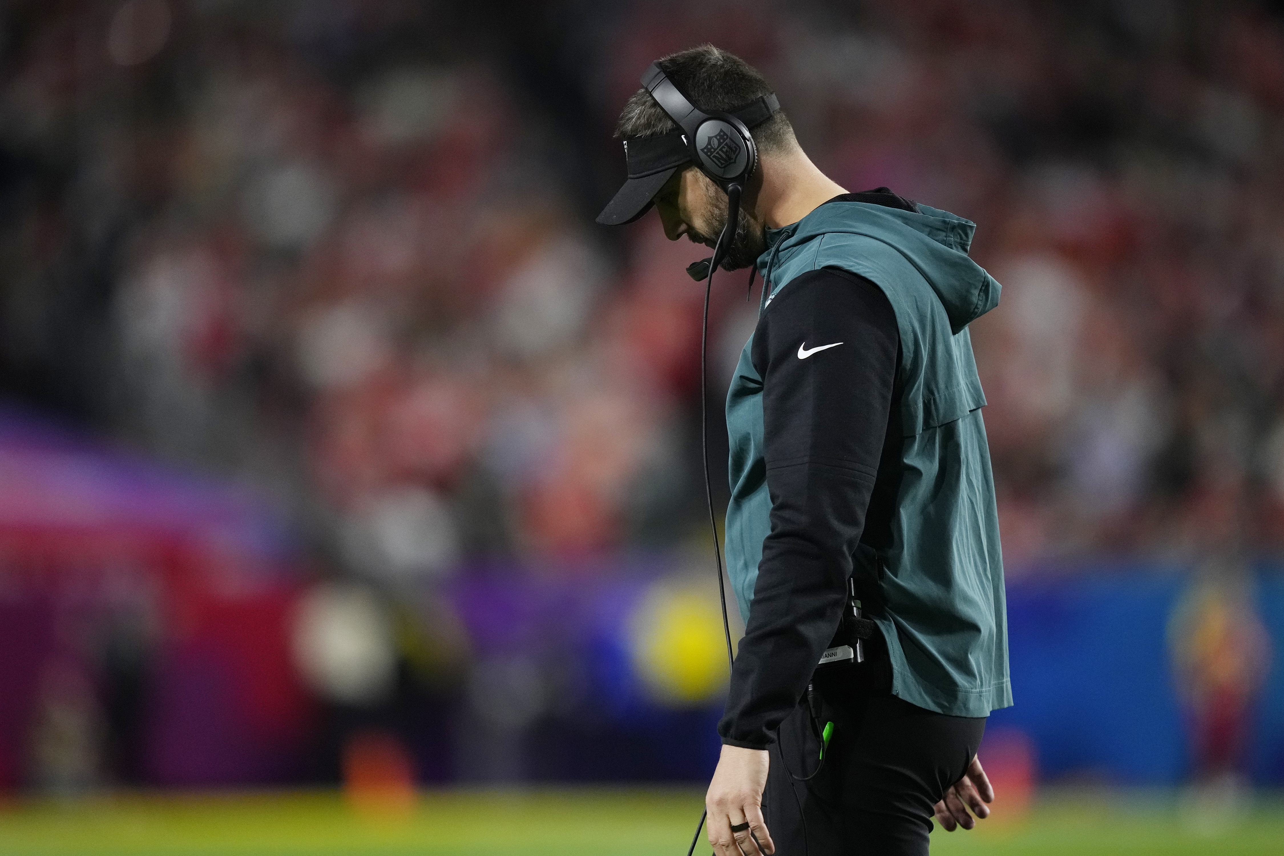 Philadelphia Eagles head coach Nick Sirianni reacts during the second half of the NFL Super Bowl 57 football game against the Kansas City Chiefs, Sunday, Feb. 12, 2023, in Glendale, Ariz. (AP Photo/Matt Slocum)