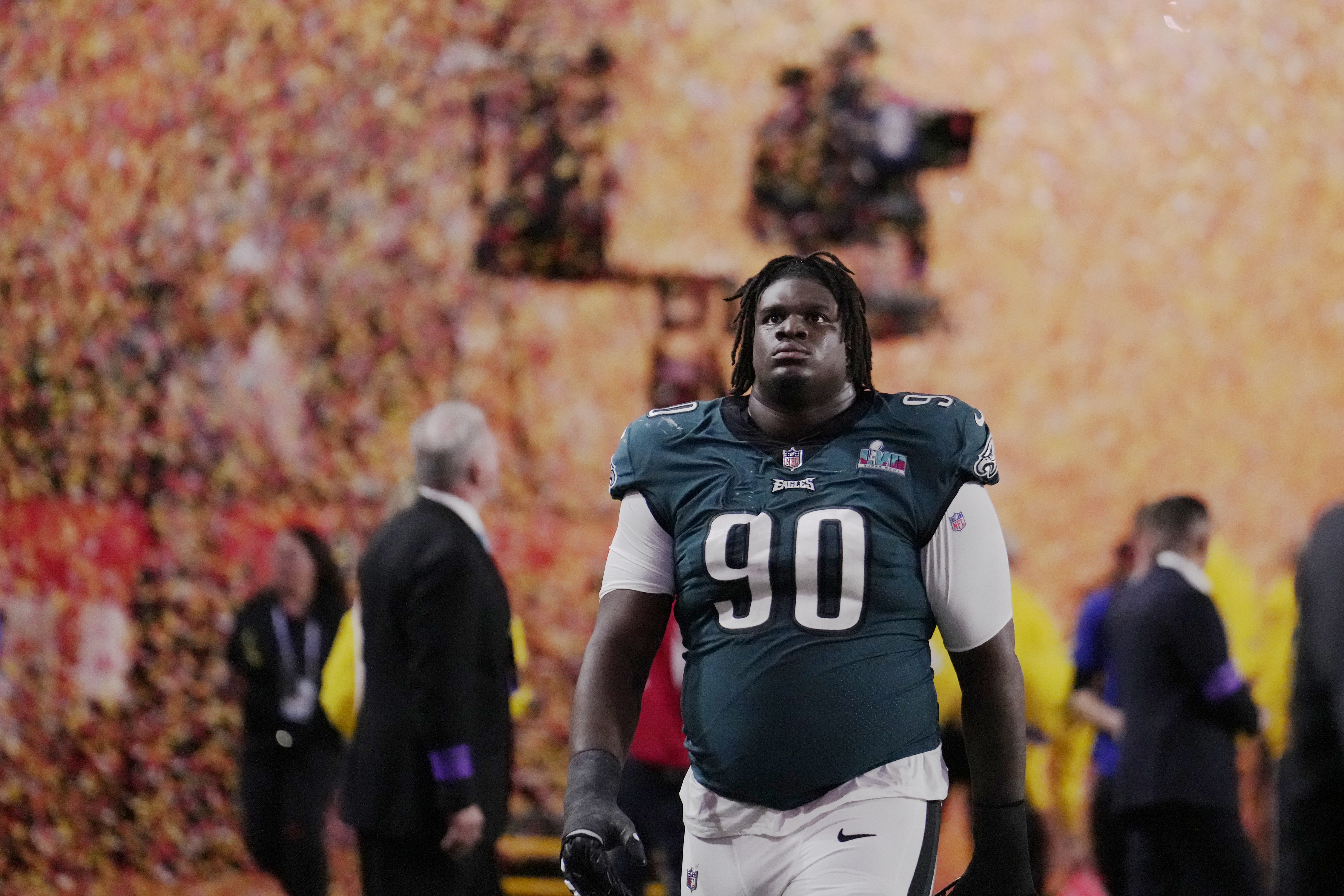 Philadelphia Eagles defensive tackle Jordan Davis (90) leaves the field after their loss against the Kansas City Chiefs at the NFL Super Bowl 57 football game, Sunday, Feb. 12, 2023, in Glendale, Ariz. Kansas City Chiefs defeated the Philadelphia Eagles 38-35. (AP Photo/Godofredo A. Vasquez)
