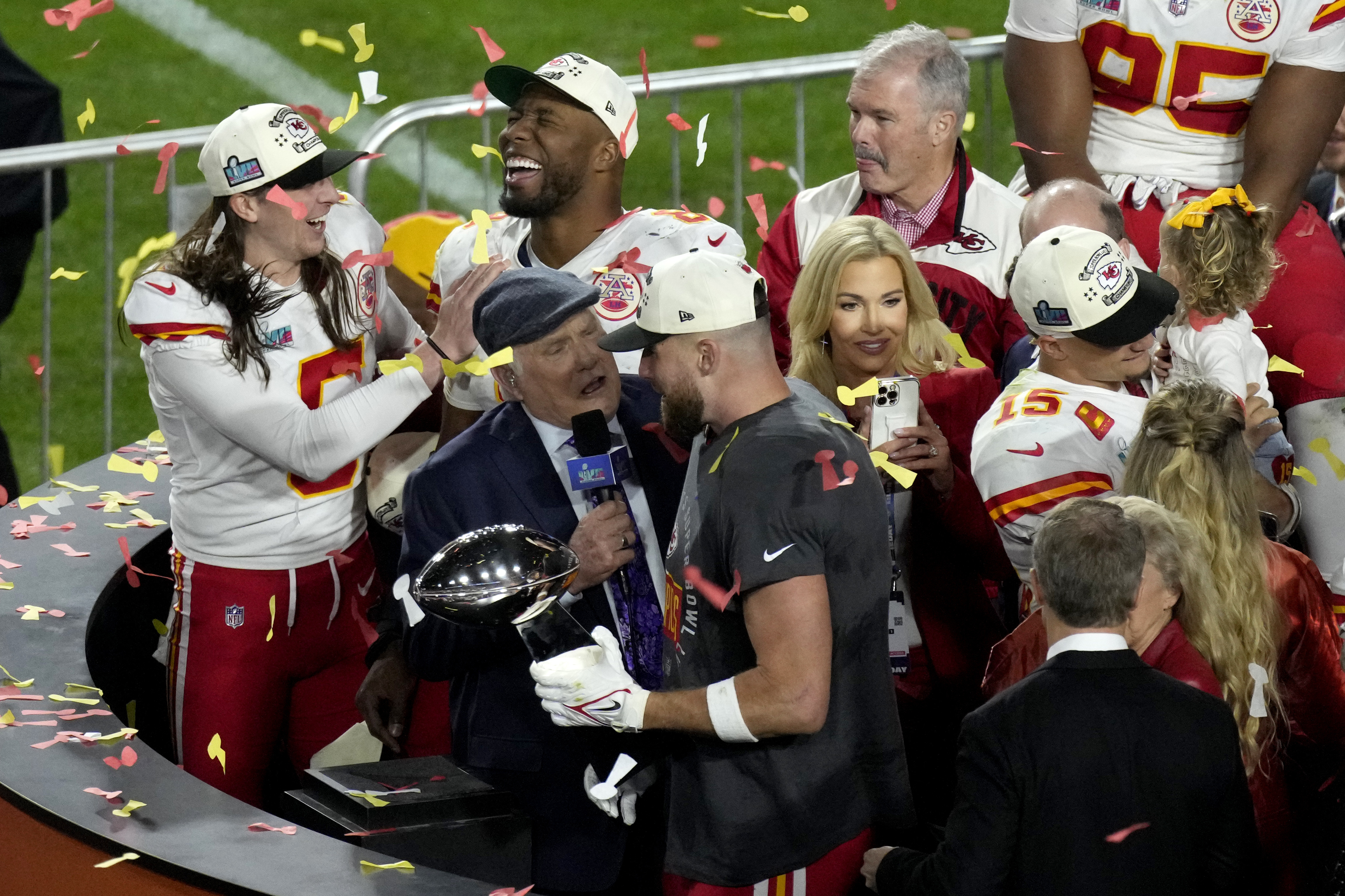 Kansas City Chiefs tight end Travis Kelce (87) is interviewed after the NFL Super Bowl 57 football game against the Philadelphia Eagles, Sunday, Feb. 12, 2023, in Glendale, Ariz. Kansas City Chiefs defeated the Philadelphia Eagles 38-35. (AP Photo/Charlie Riedel)