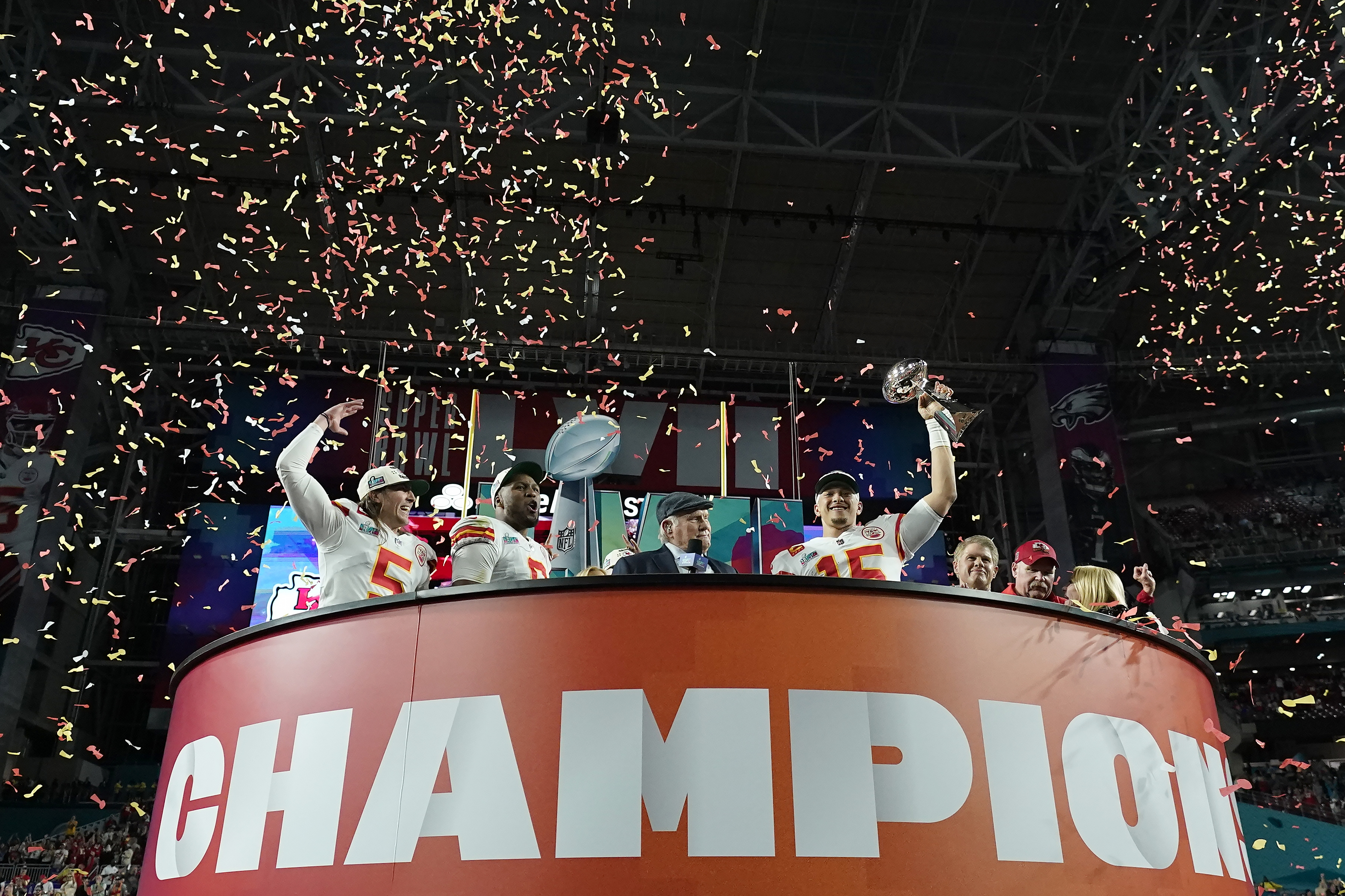 Kansas City Chiefs quarterback Patrick Mahomes (15) holds the Vince Lombardi Trophy while celebrating with teammates after the NFL Super Bowl 57 football game against the Philadelphia Eagles, Sunday, Feb. 12, 2023, in Glendale, Ariz. The Kansas City Chiefs defeated the Philadelphia Eagles 38-35. (AP Photo/Ashley Landis)
