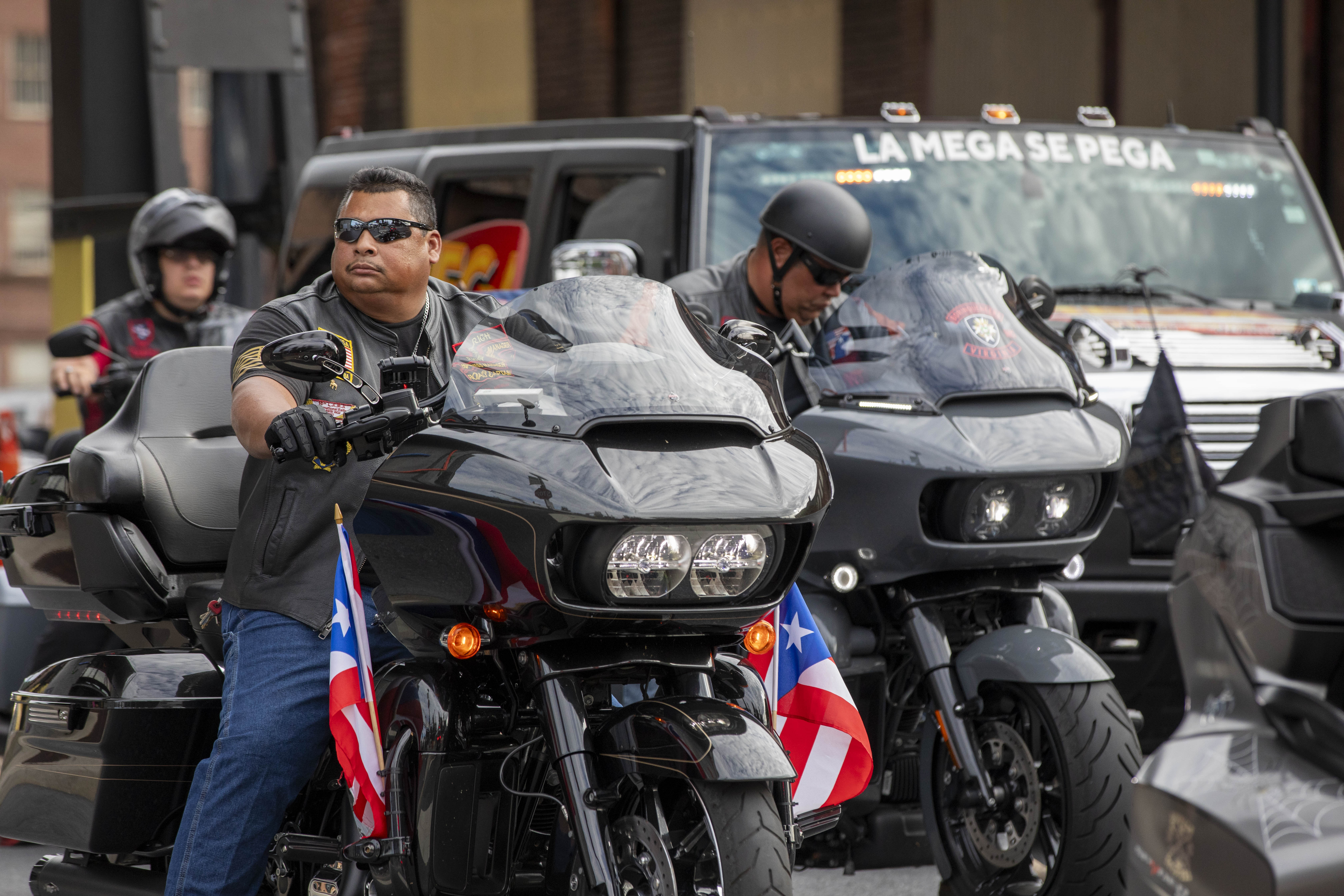 Members of the Latin American Motorcycle Association ride around SteelStacks on Friday, June 28, 2024, during the 13th annual ¡Sabor! Latin Festival in Bethlehem. The festival is a celebration of Latin heritage including music, food and family fun. (Emma Reed/The Morning Call)