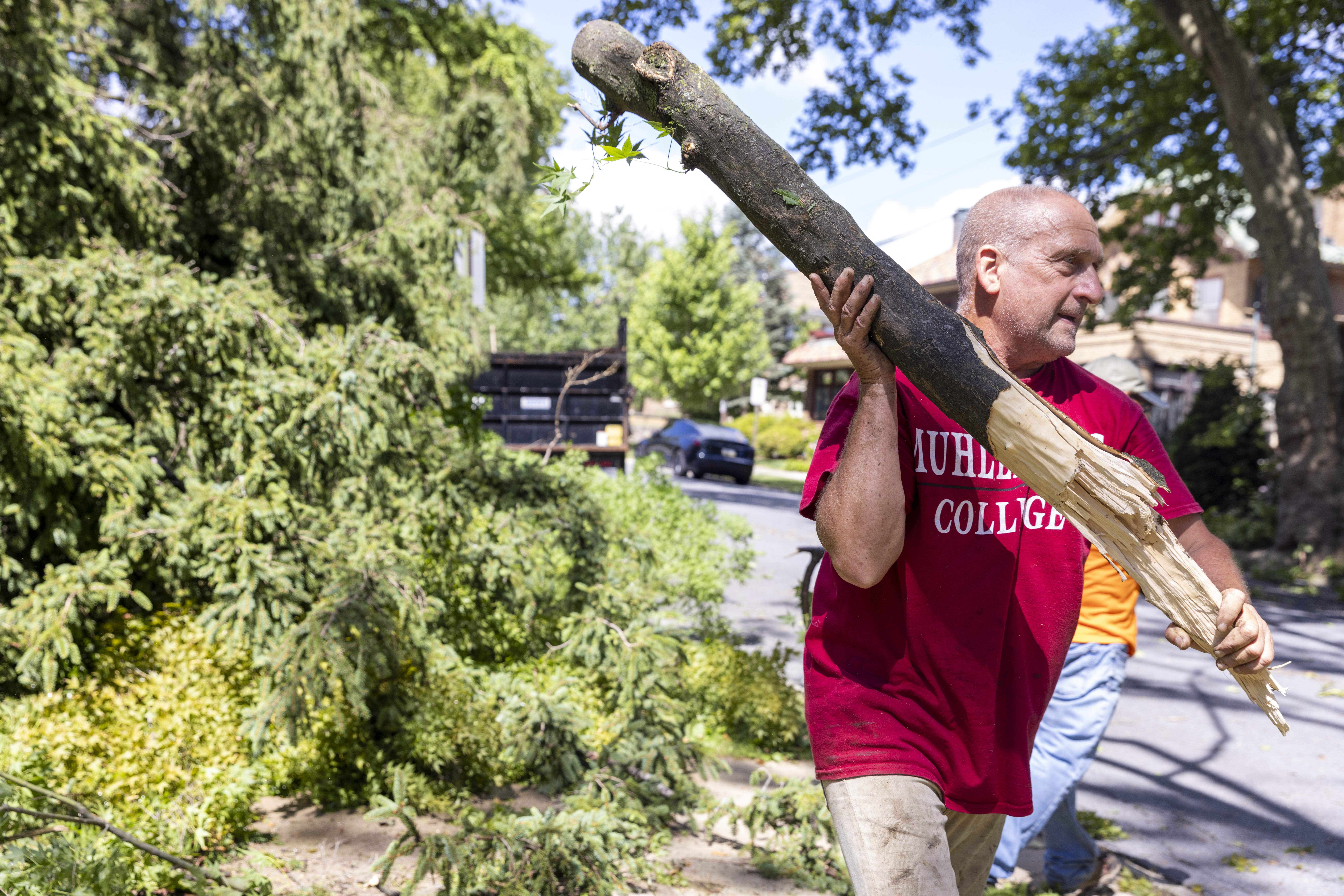 Joe Galgon, an employee at Muhlenberg College's Plant Operations, moves tree branches Thursday, June 27, 2024, in Allentown after a severe thunderstorm with nearly 60 mph wind gusts ripped through the Lehigh Valley the night before. (Emma Reed/The Morning Call)