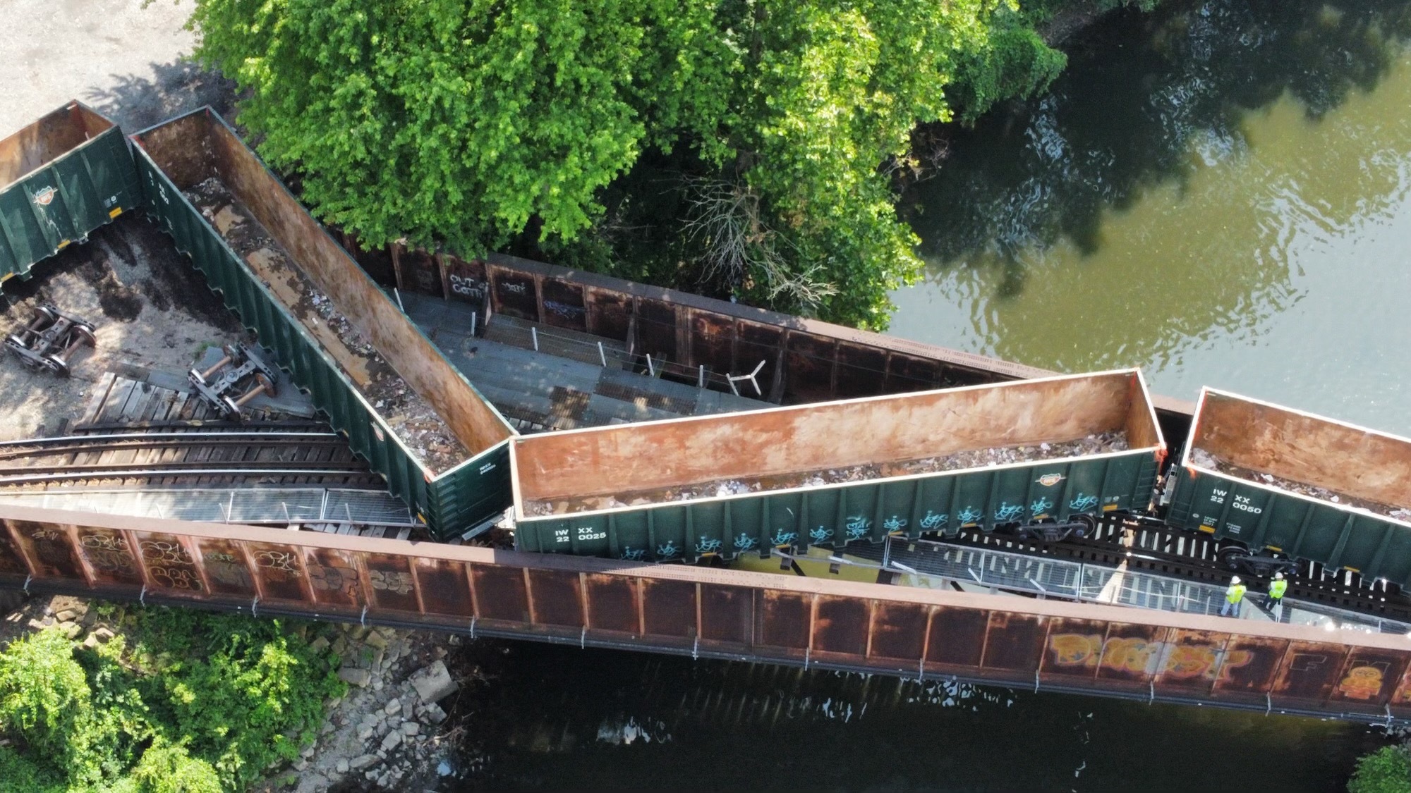 Multiple train-cars derail Friday, July 5, 2024 in under the Hill to Hill Bridge in Bethlehem. (Rich Rolen/Special to The Morning Call)