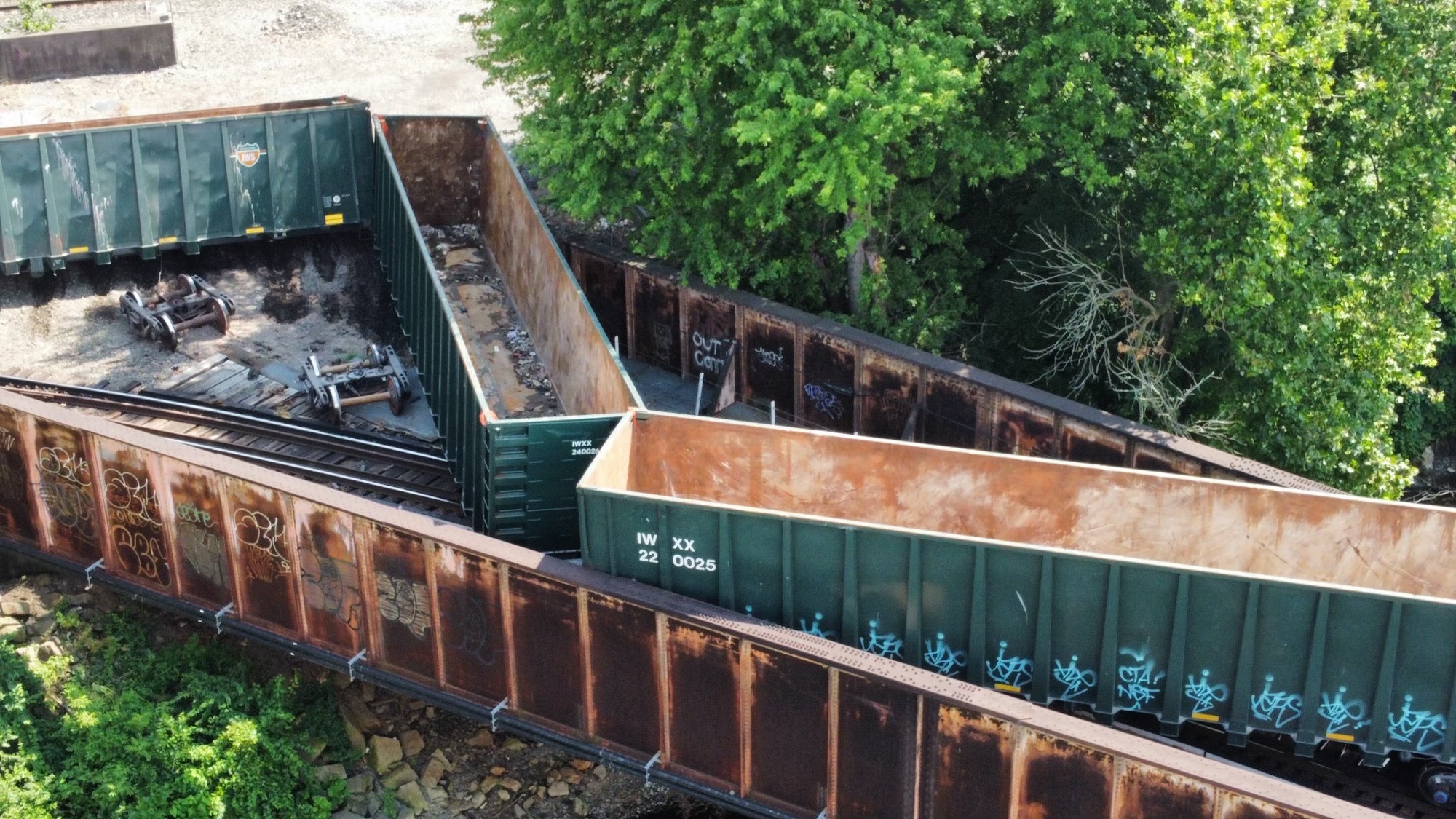 Multiple train-cars derail Friday, July 5, 2024 under the Hill to Hill Bridge in Bethlehem. (Rich Rolen/Special to The Morning Call)