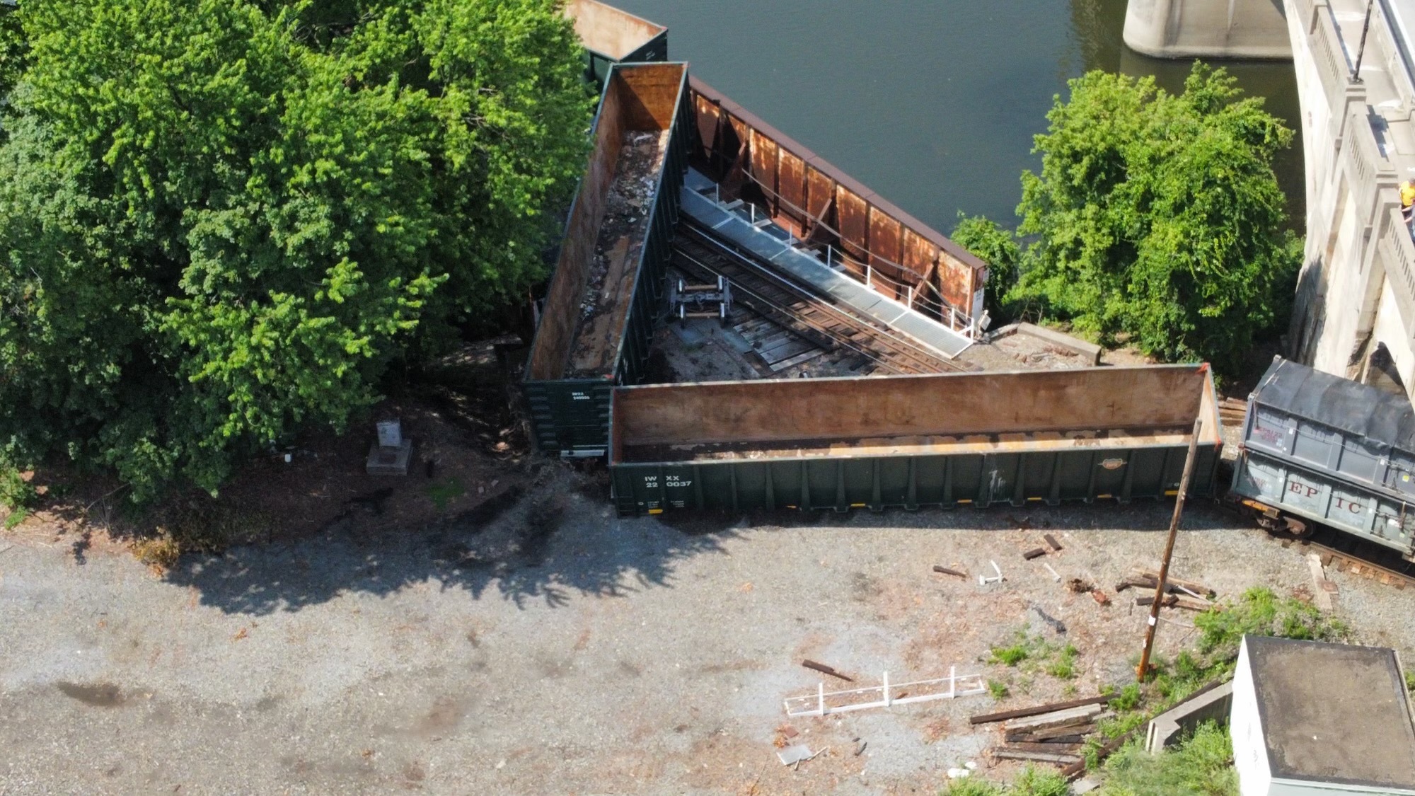 Multiple train-cars derail Friday, July 5, 2024 under the Hill to Hill Bridge in Bethlehem. (Rich Rolen/Special to The Morning Call)