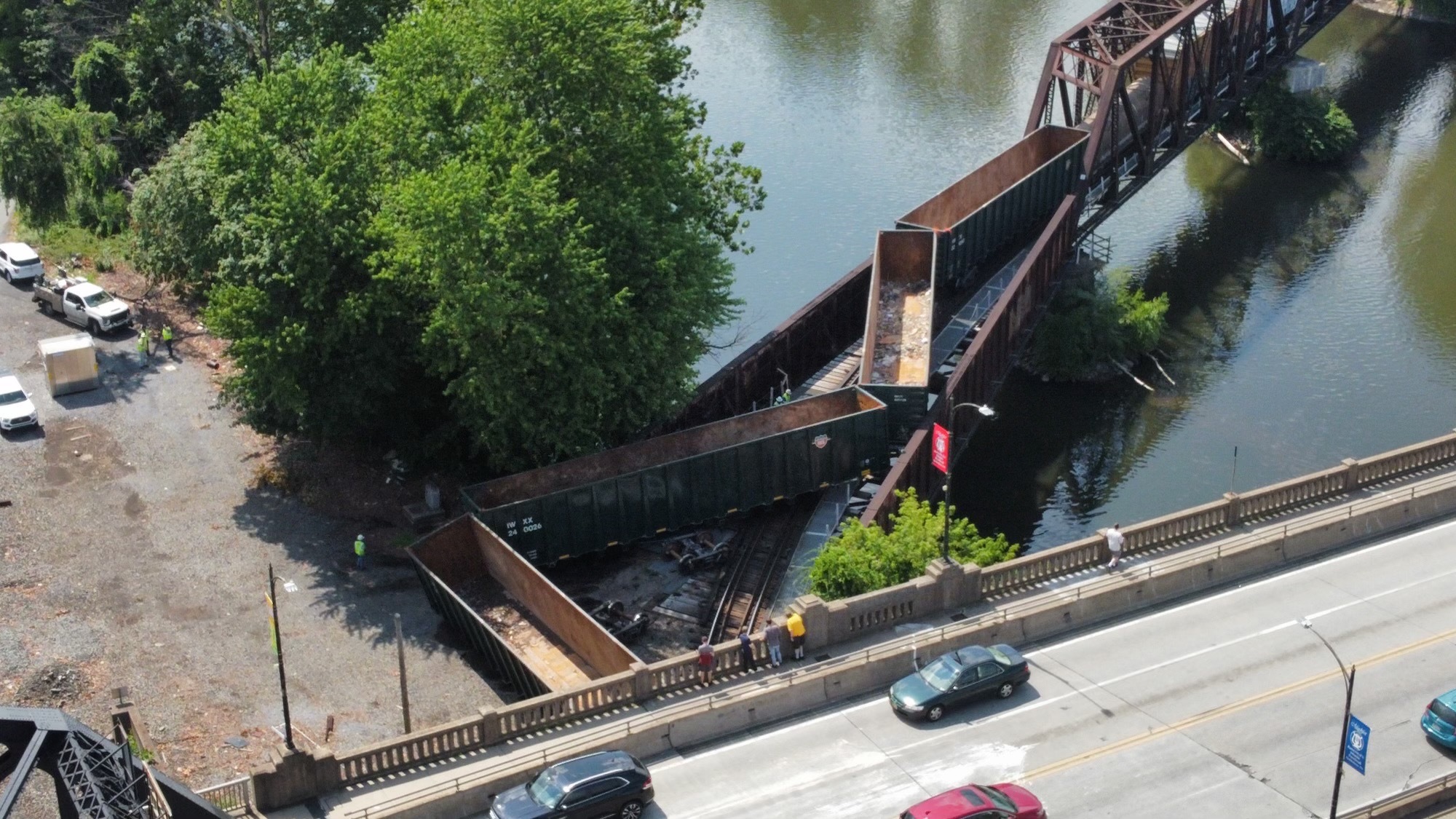 Multiple train-cars derail Friday, July 5, 2024 under the Hill to Hill Bridge in Bethlehem. (Rich Rolen/Special to The Morning Call)