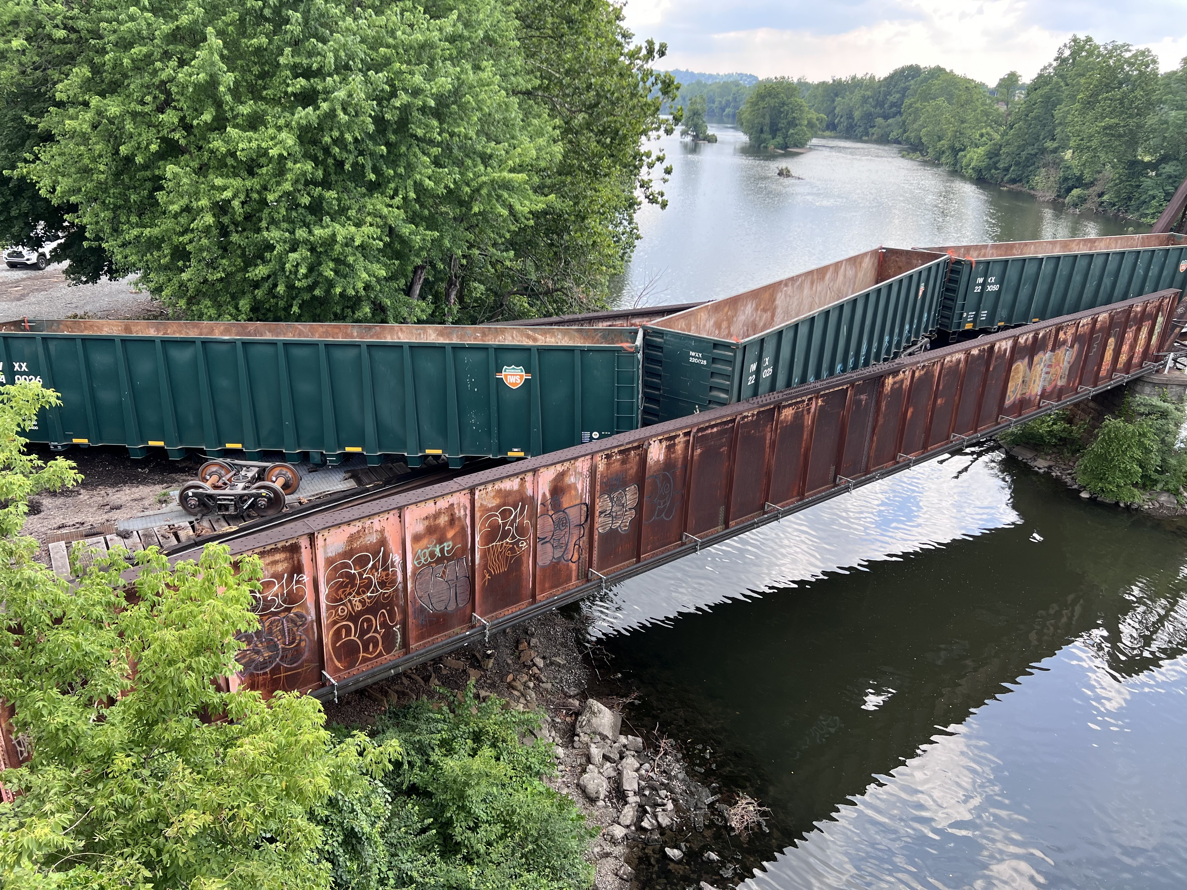 Multiple railcars derailed Friday, July 5, 2024 under the Hill to Hill Bridge in Bethlehem.(Rich Rolen/Special to The Morning Call)