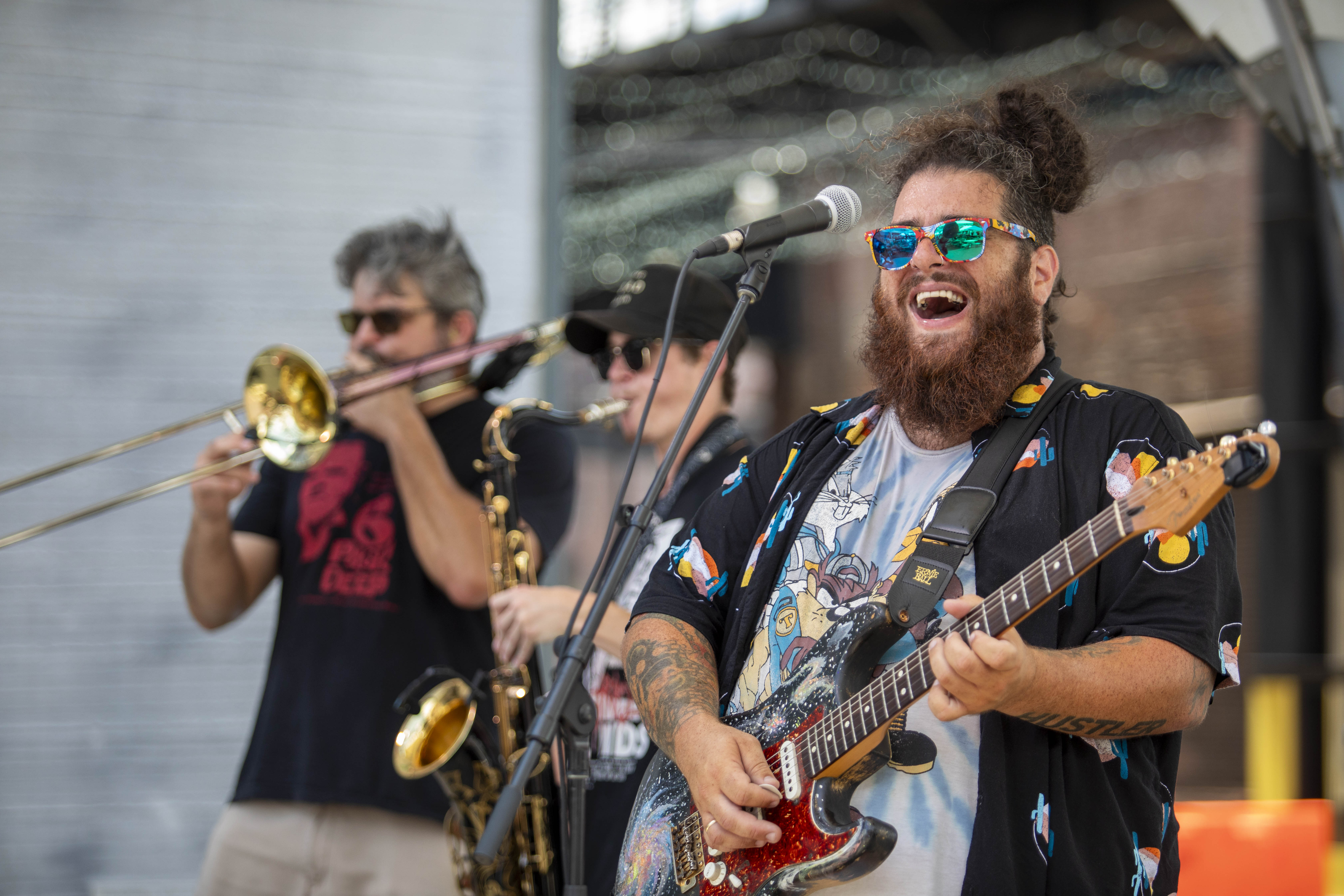 A member of Cheezy and The Crackers band performs Saturday, July 6, 2024, during the One Earth ReggaeFest at SteelStacks in Bethlehem. (Emma Reed/The Morning Call)